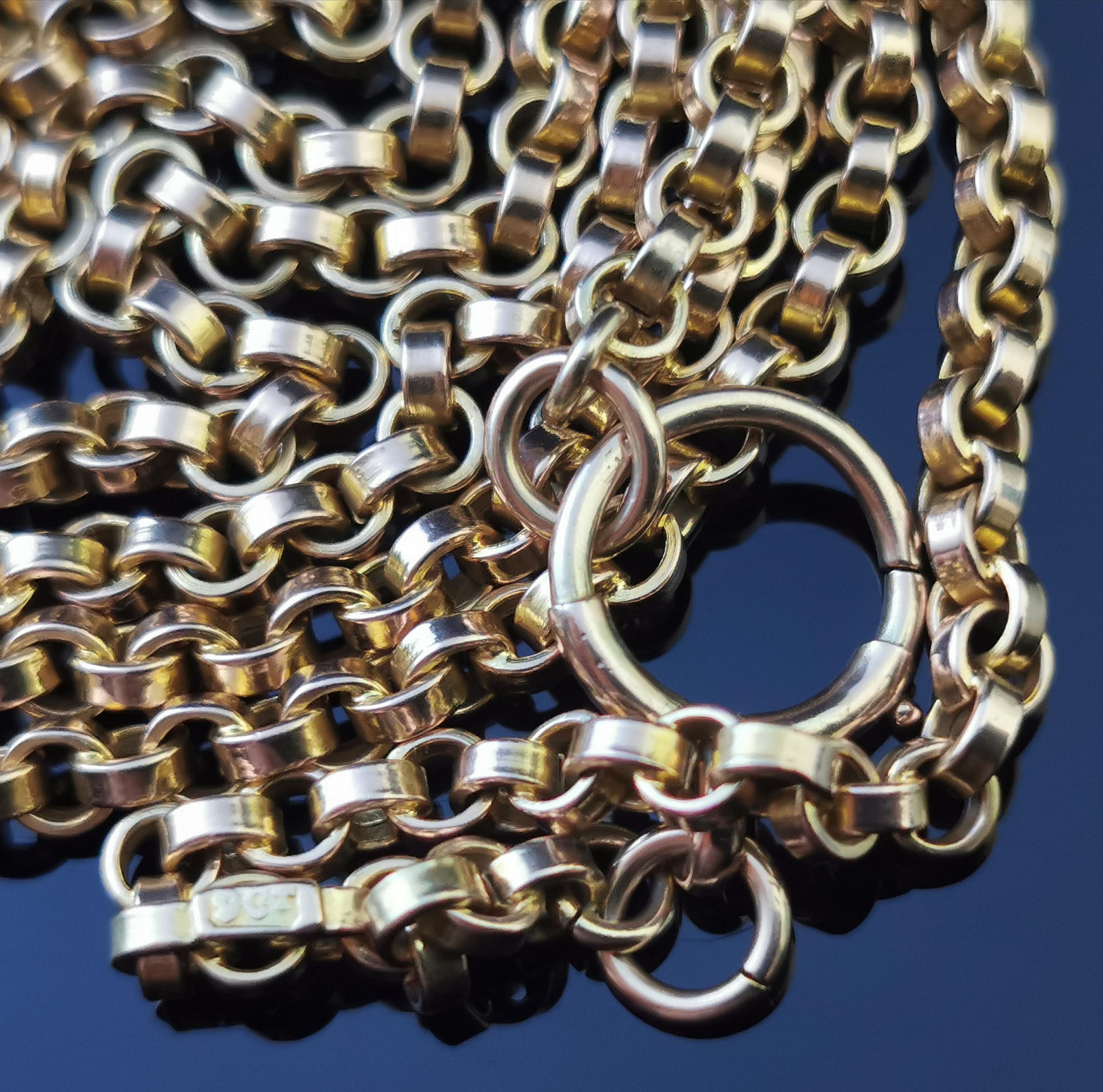 Antique Victorian 9 Karat Yellow Gold Longuard Chain, Muff Chain Necklace, Rolo 10