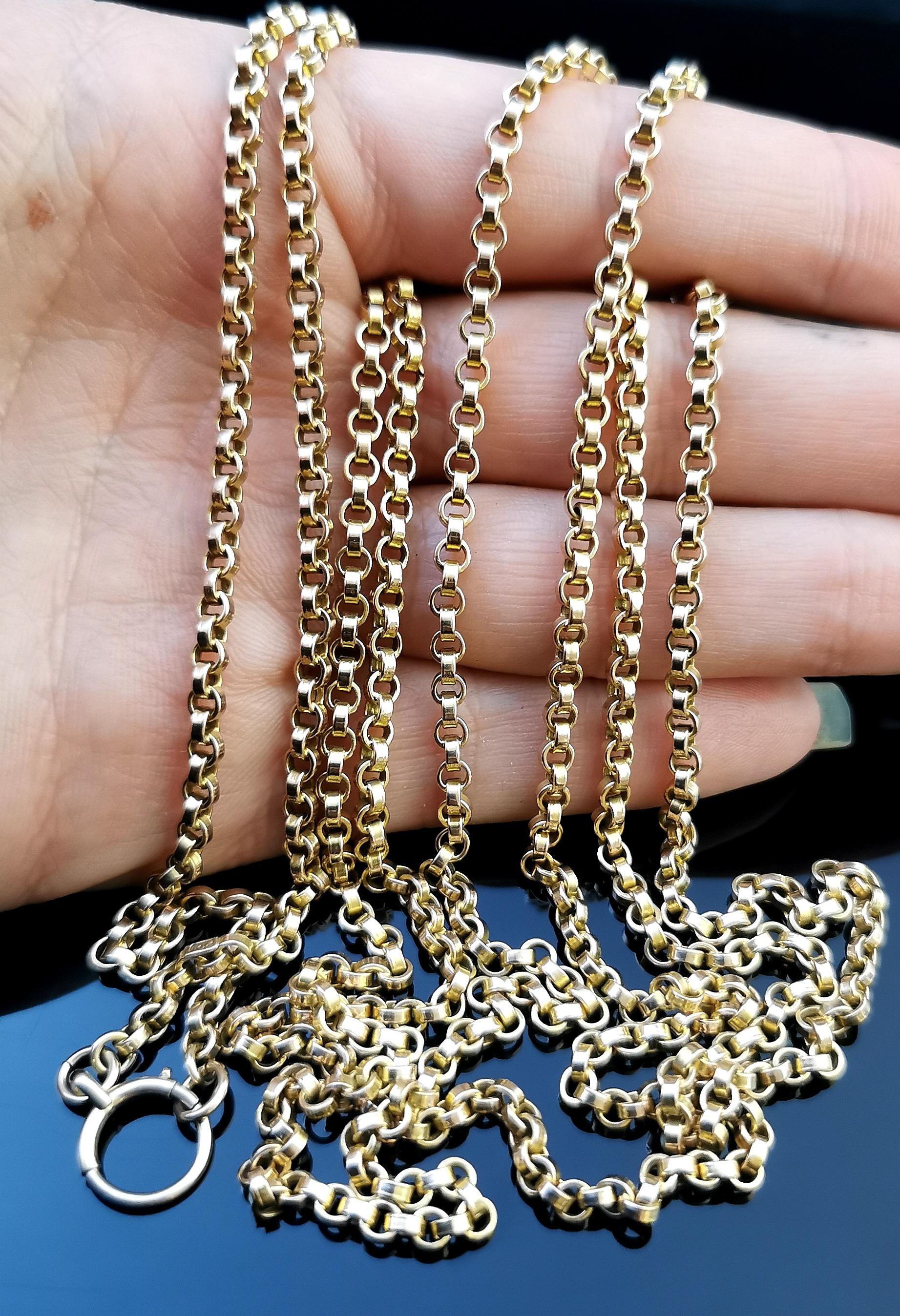 Antique Victorian 9 Karat Yellow Gold Longuard Chain, Muff Chain Necklace, Rolo In Good Condition In NEWARK, GB