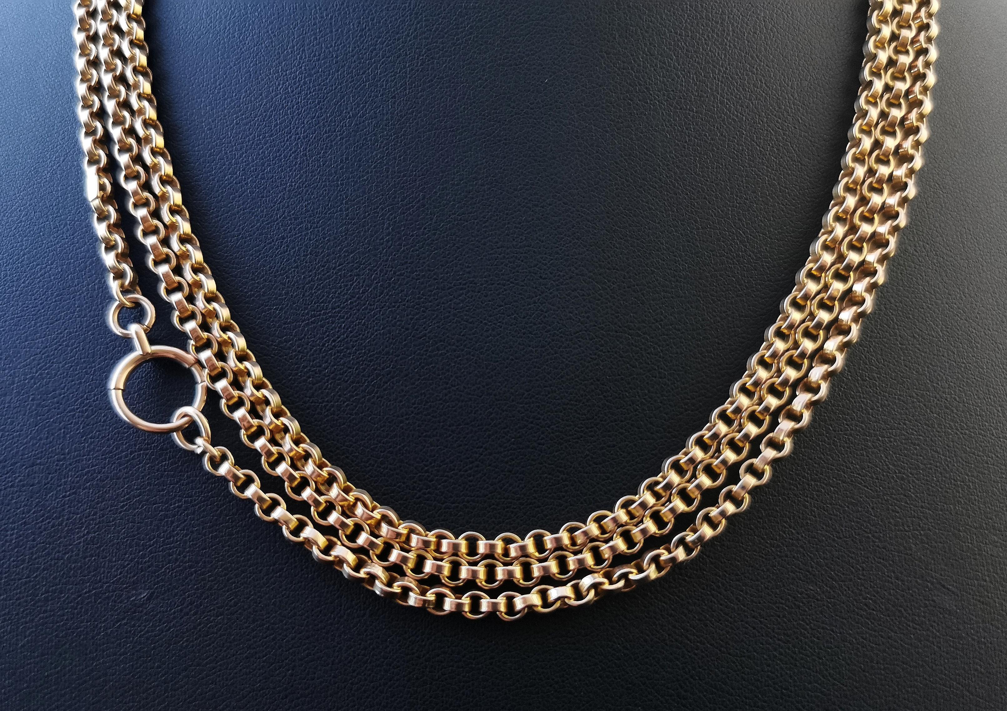 Antique Victorian 9 Karat Yellow Gold Longuard Chain, Muff Chain Necklace, Rolo 1