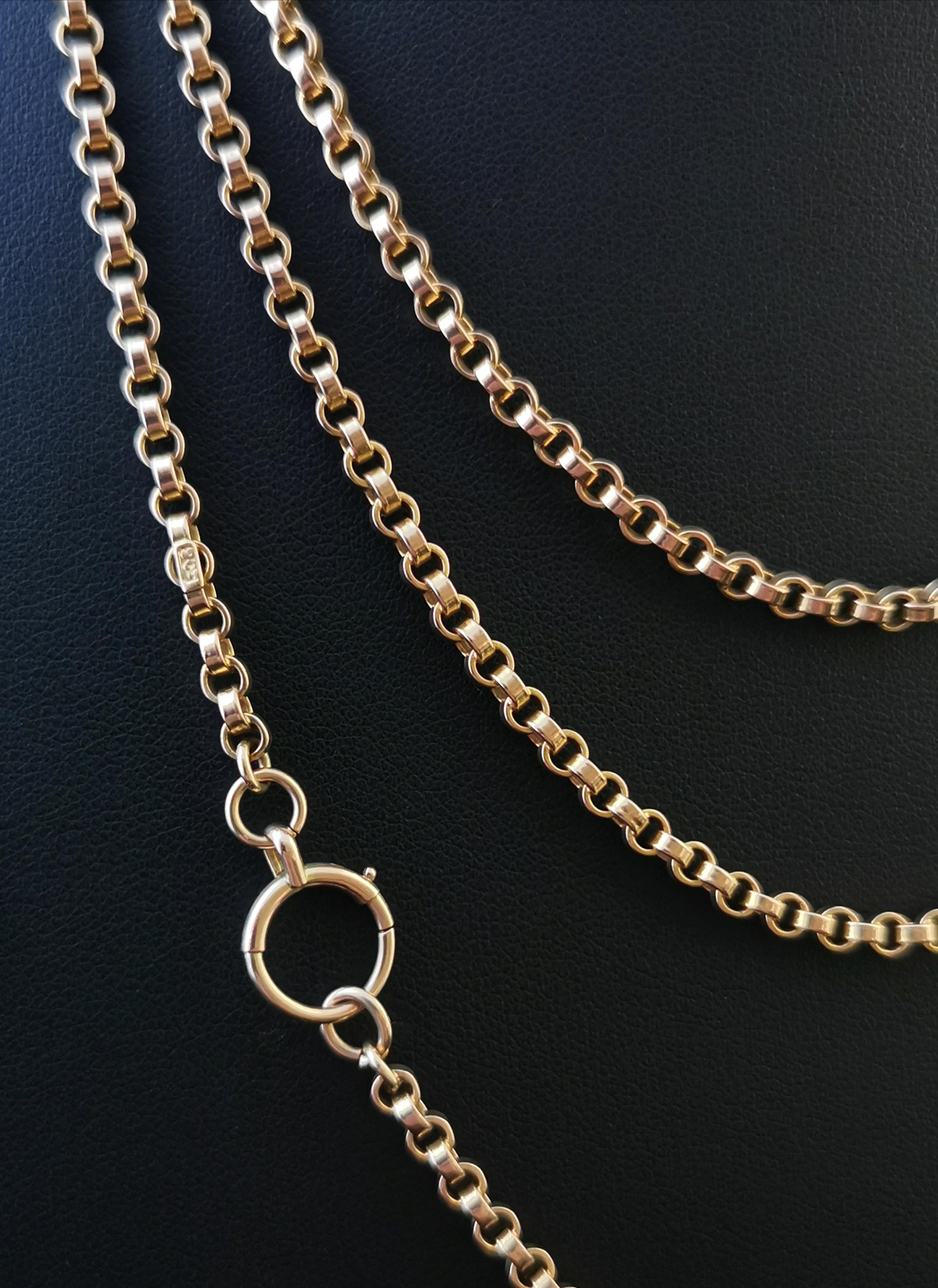 Antique Victorian 9 Karat Yellow Gold Longuard Chain, Muff Chain Necklace, Rolo 2