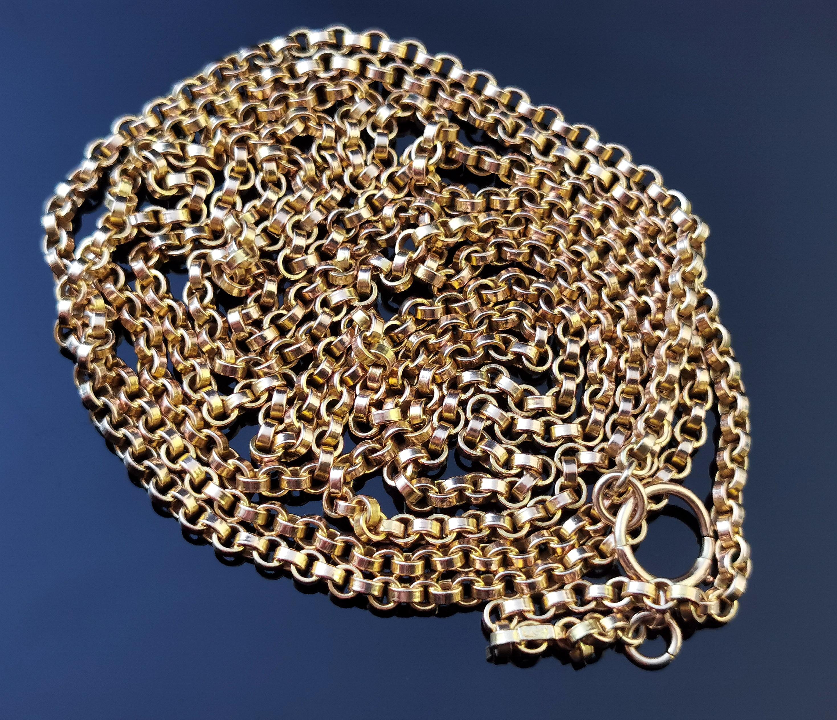 Antique Victorian 9 Karat Yellow Gold Longuard Chain, Muff Chain Necklace, Rolo 3