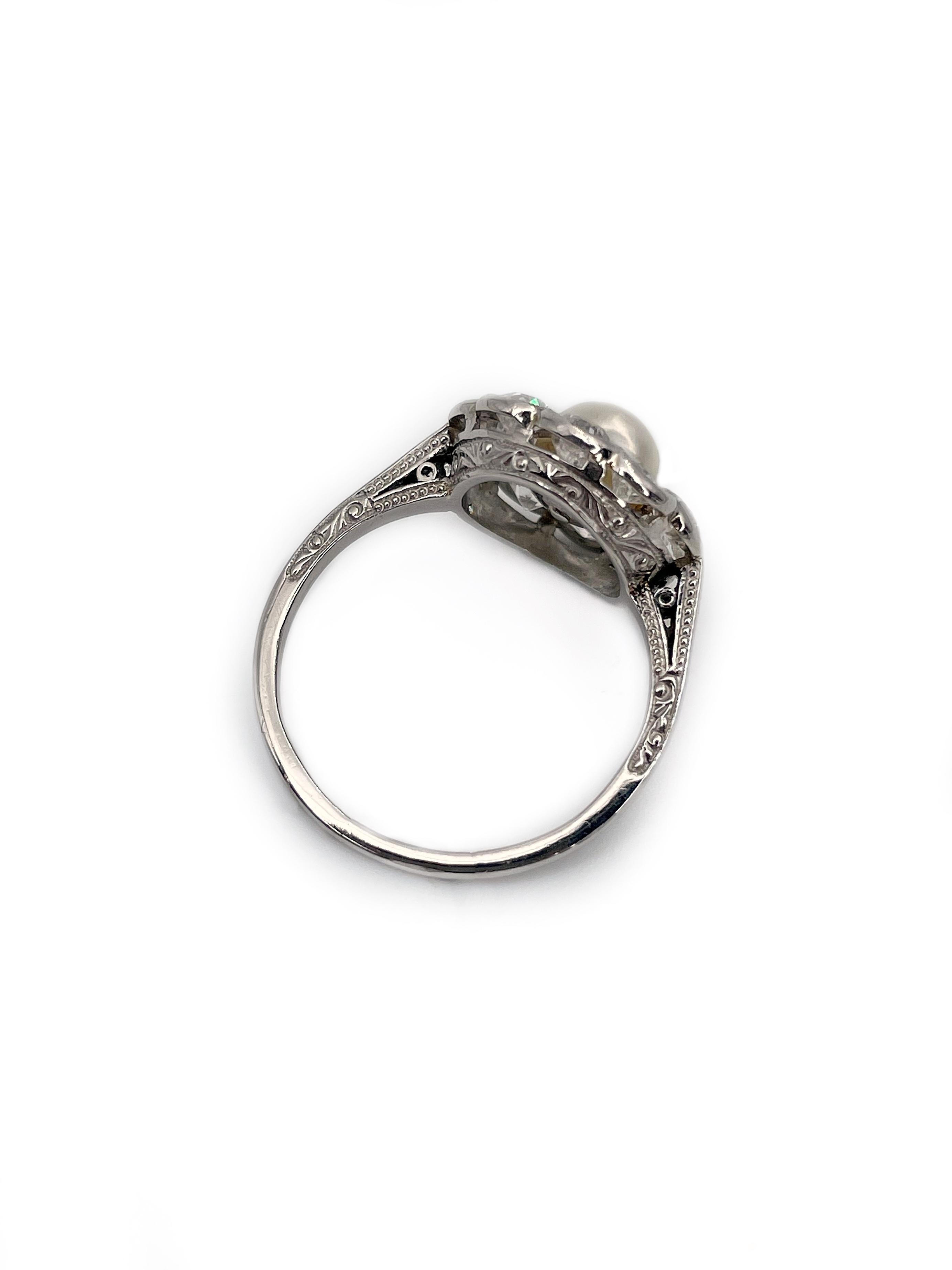 Women's Antique Victorian 950 Platinum Pearl 1.00 Carat Old Cut Diamond Cluster Ring