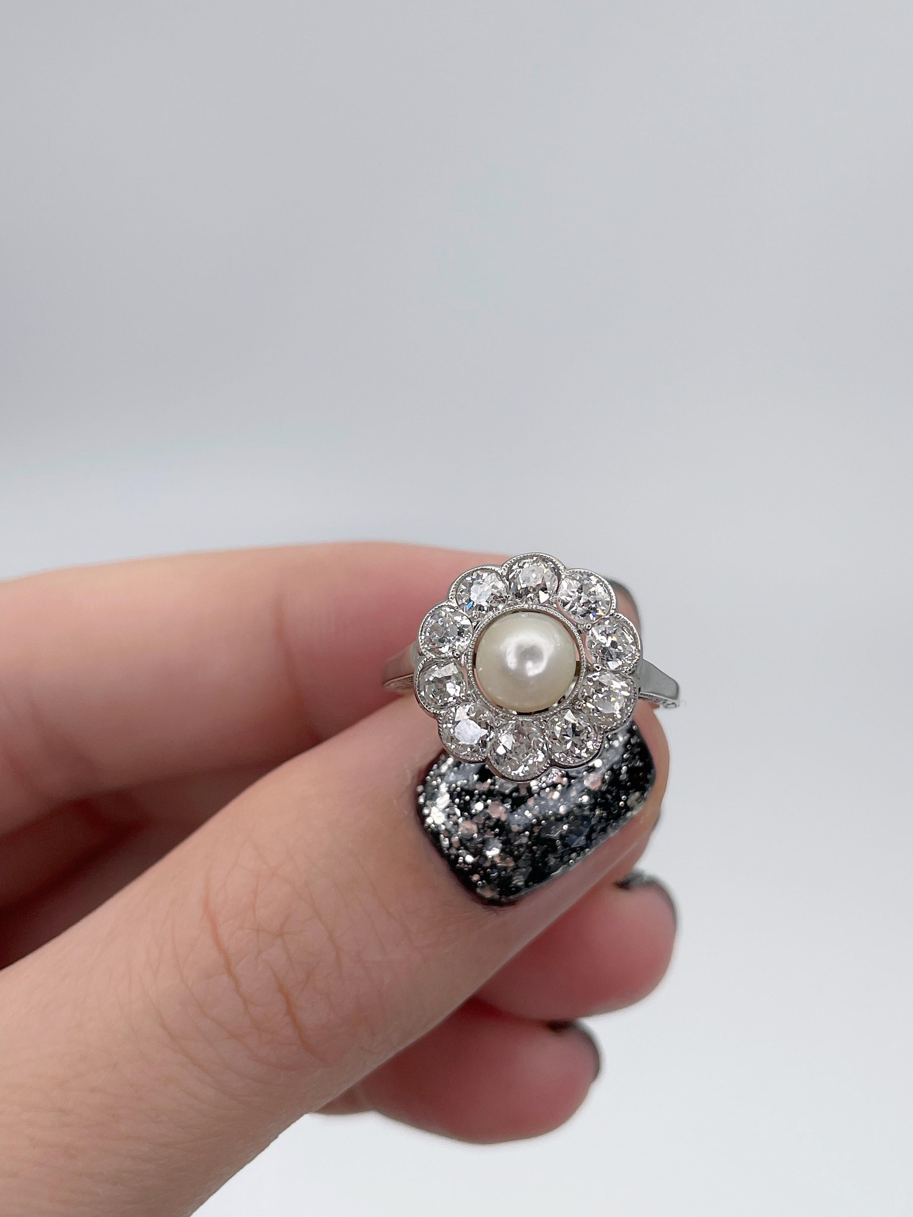 Antique Victorian 950 Platinum Pearl 1.00 Carat Old Cut Diamond Cluster Ring 1