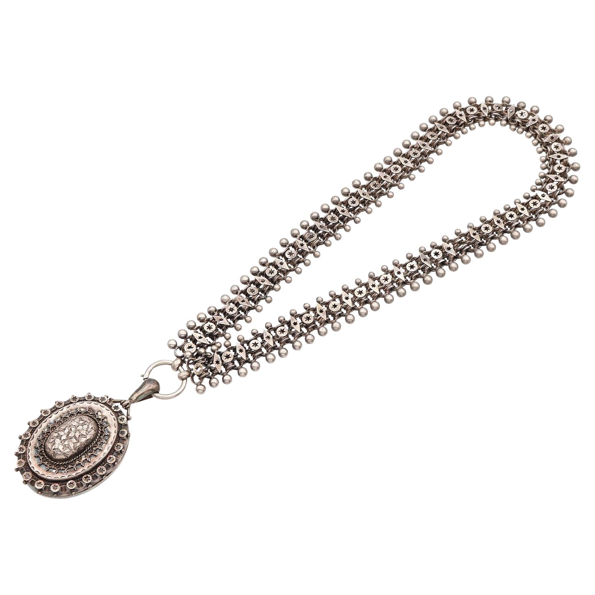 Antique Victorian 950 Sterling Silver Locket Pendant Chain Necklace