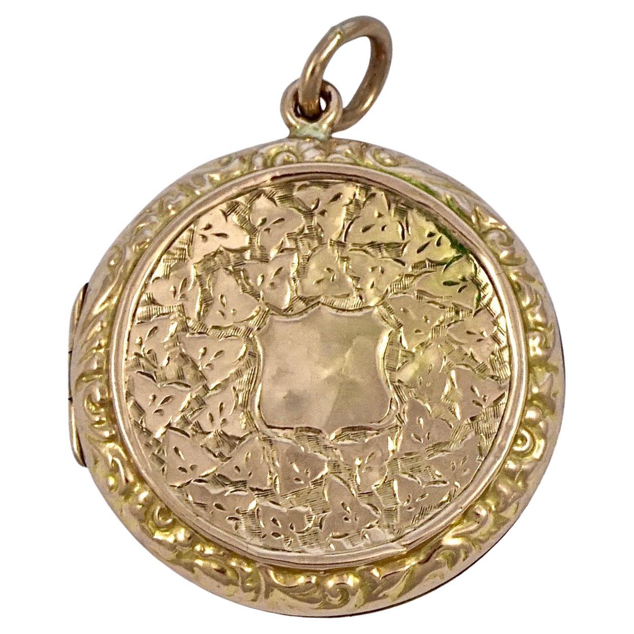 Médaillon victorien ancien en or 9 carats avec dos et façade gravés de feuilles de lierre