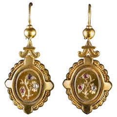 Antique Victorian 9 Carat Gold Diamond and Garnet Drop Earrings, circa 1880