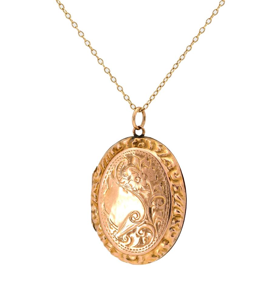 Antique Victorian 9ct Gold Engraved Oval Locket Necklace im Zustand „Gut“ im Angebot in London, GB