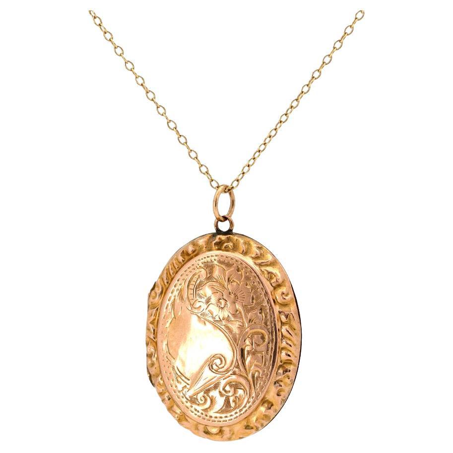 Antique Victorian 9ct Gold Engraved Oval Locket Necklace