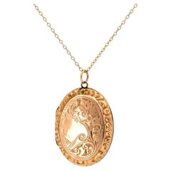 Antique Victorian 9ct Gold Engraved Oval Locket Necklace