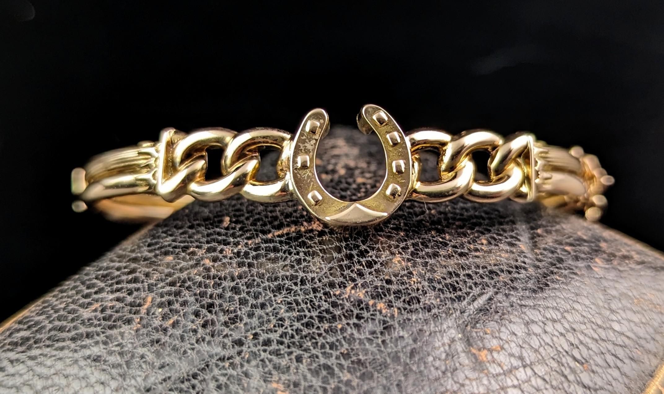 We love a good antique lucky charm and this Beautiful Victorian 9ct gold, Lucky horseshoe bangle is no exception.

It is crafted in rich 9ct yellow gold, a more unusual tone for bangles of the era with most being rose gold and this really makes it