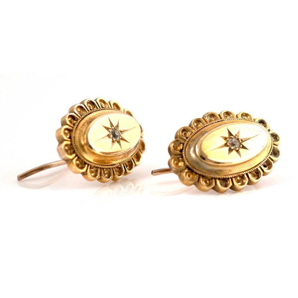Our antique Victorian 9ct gold star diamond earrings will add a timeless look to any wardrobe. The earrings feature large antique diamonds with a star setting with a scolloped gold halo design. During the Victorian era stars were symbols of 