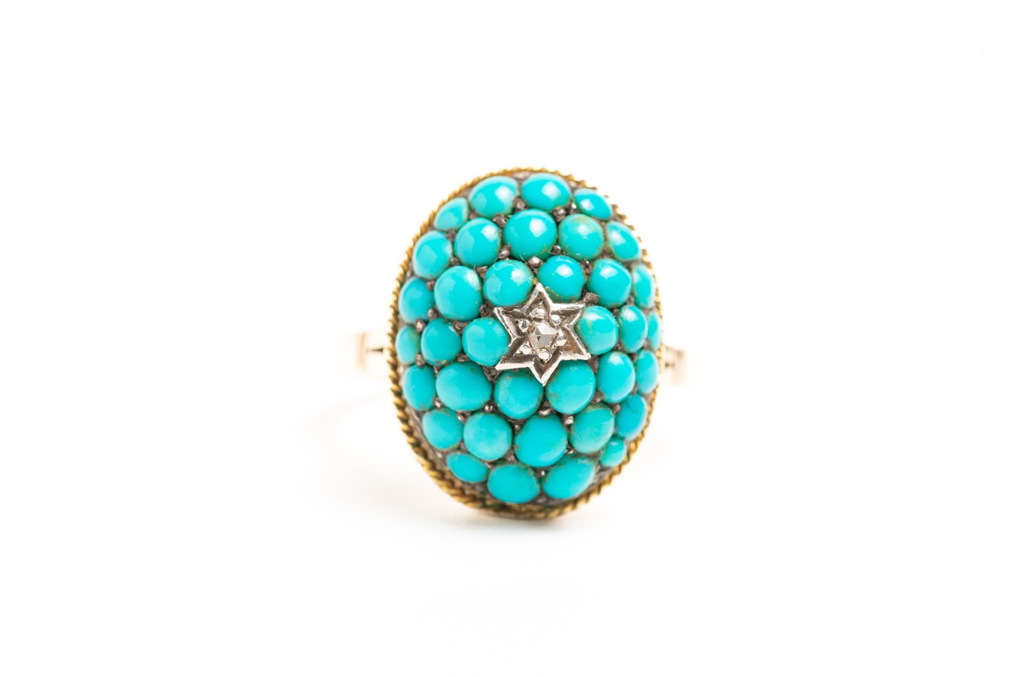 Victorien Bague victorienne ancienne en or 9ct pavée de turquoises et de diamants en vente