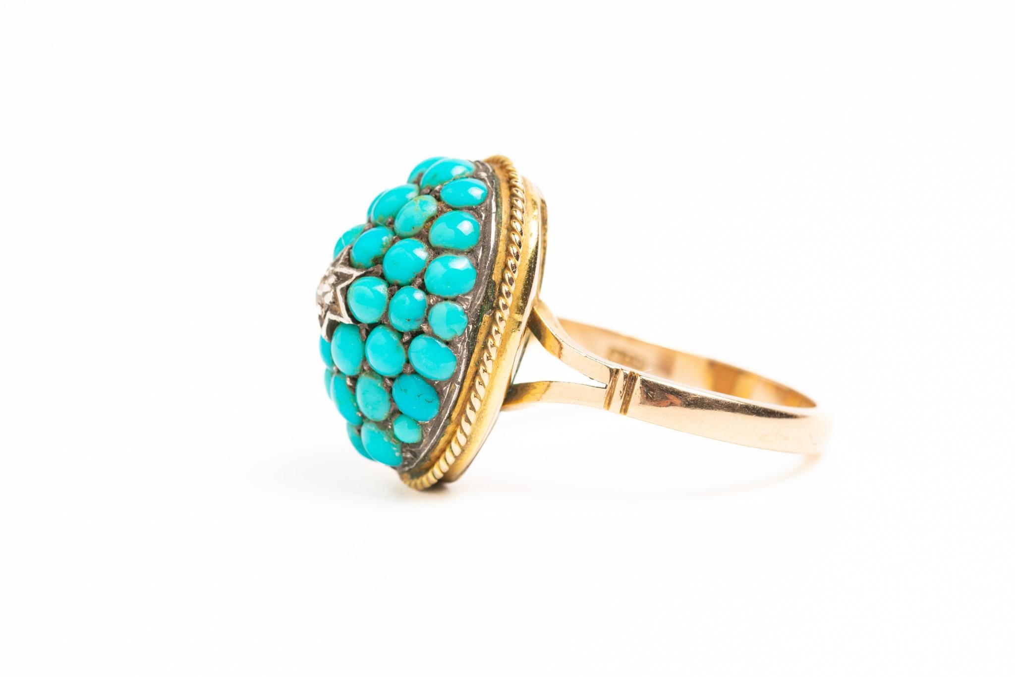 Bague victorienne ancienne en or 9ct pavée de turquoises et de diamants Bon état - En vente à Portland, England