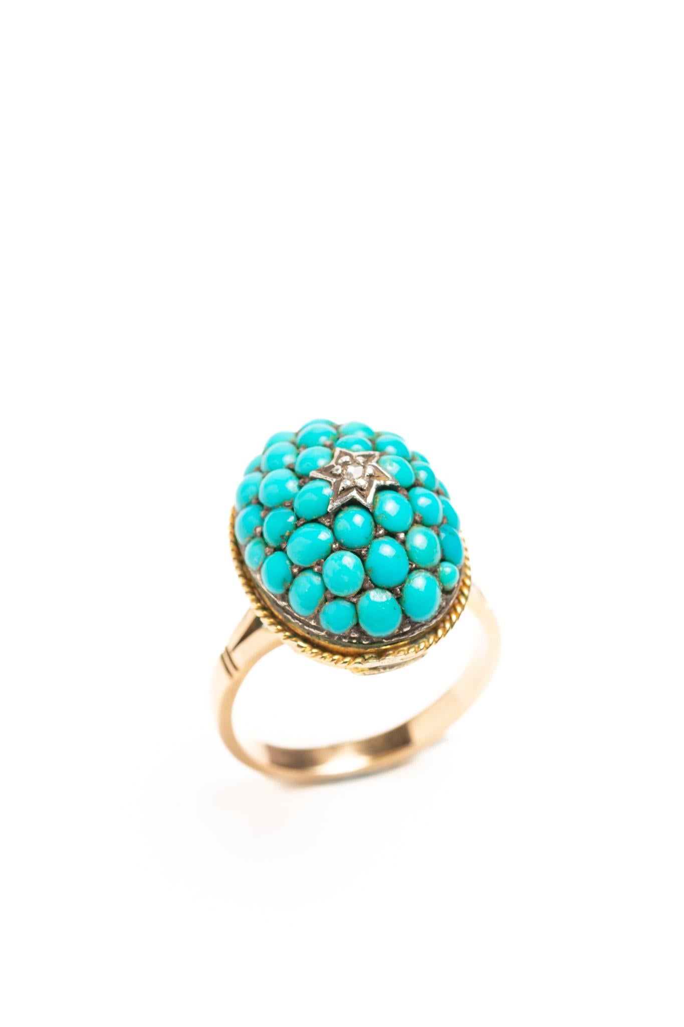 Bague victorienne ancienne en or 9ct pavée de turquoises et de diamants en vente 2
