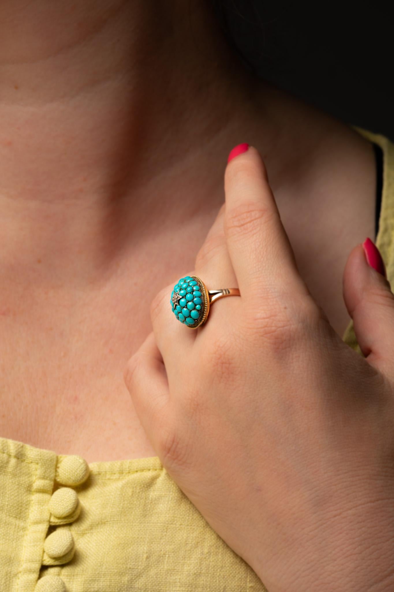 Bague victorienne ancienne en or 9ct pavée de turquoises et de diamants en vente 3