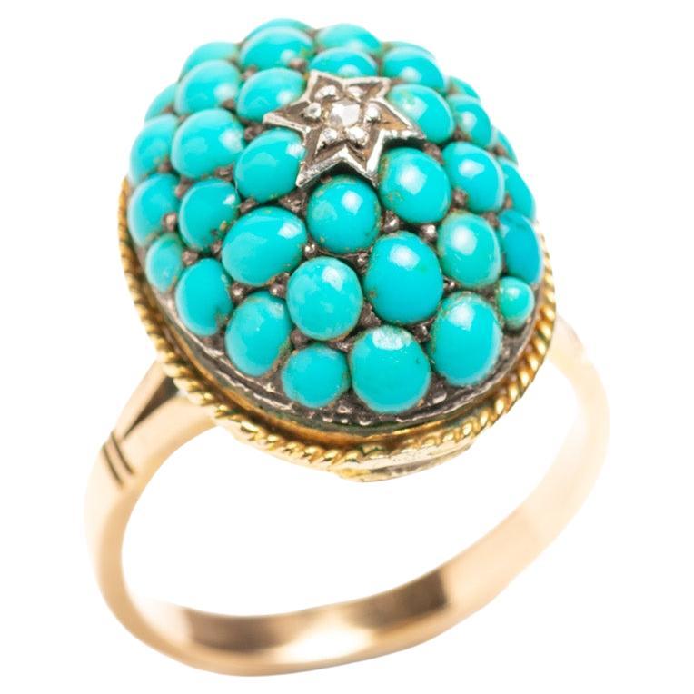 Antique Victorian 9ct Gold Turquoise and Diamond Pavé Ring