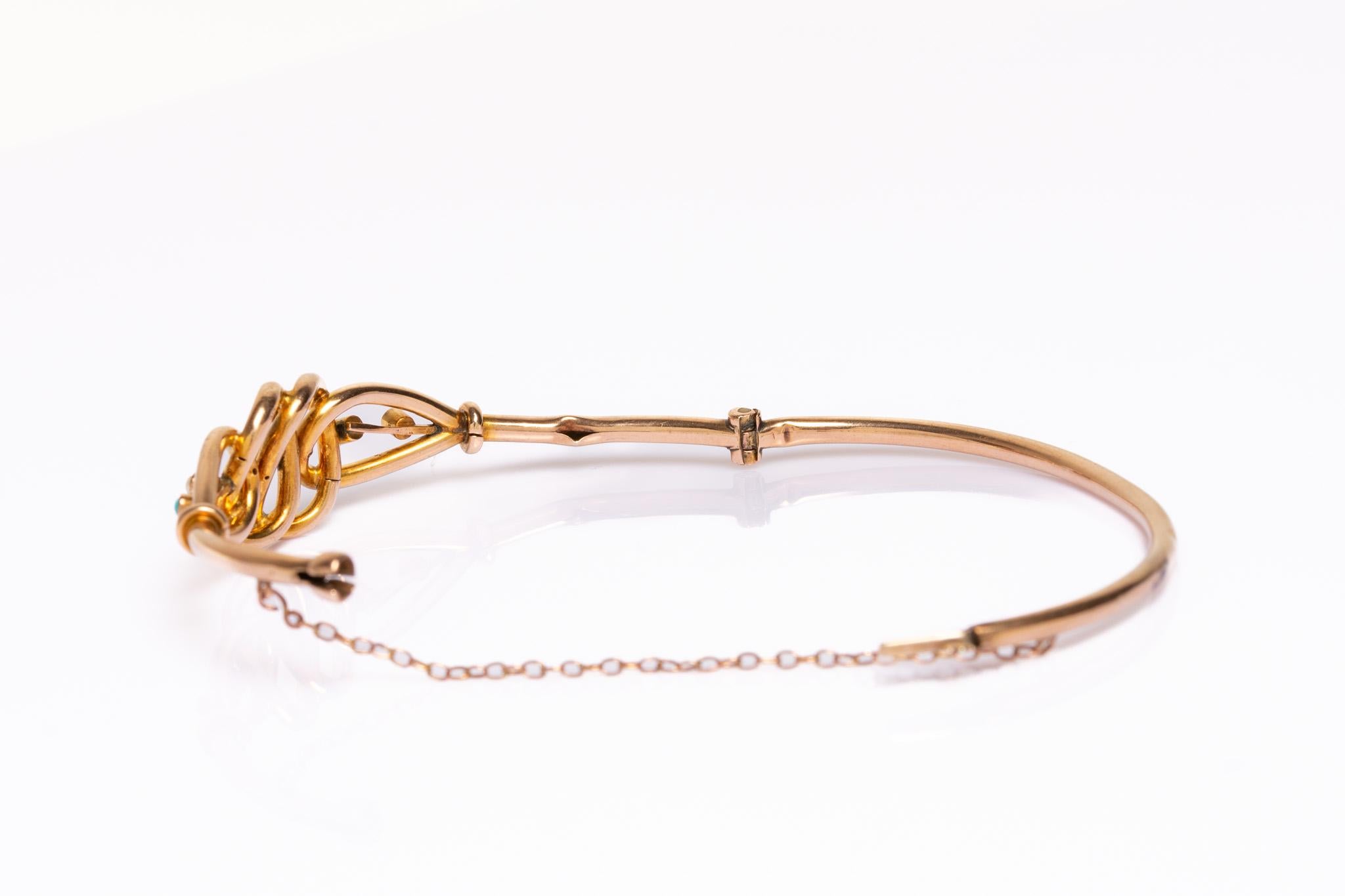 Antique Victorian 9ct Gold Turquoise and Pearl Bangle Bracelet en Bueno estado para la venta en Portland, England