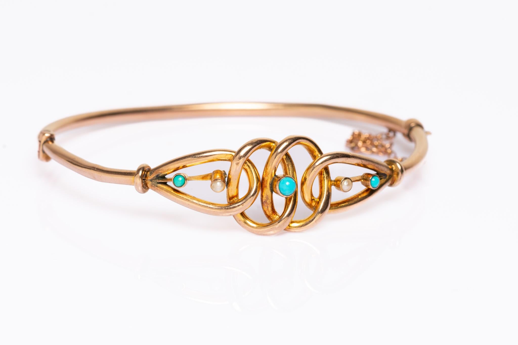 Antique Victorian 9ct Gold Turquoise and Pearl Bangle Bracelet en venta 1