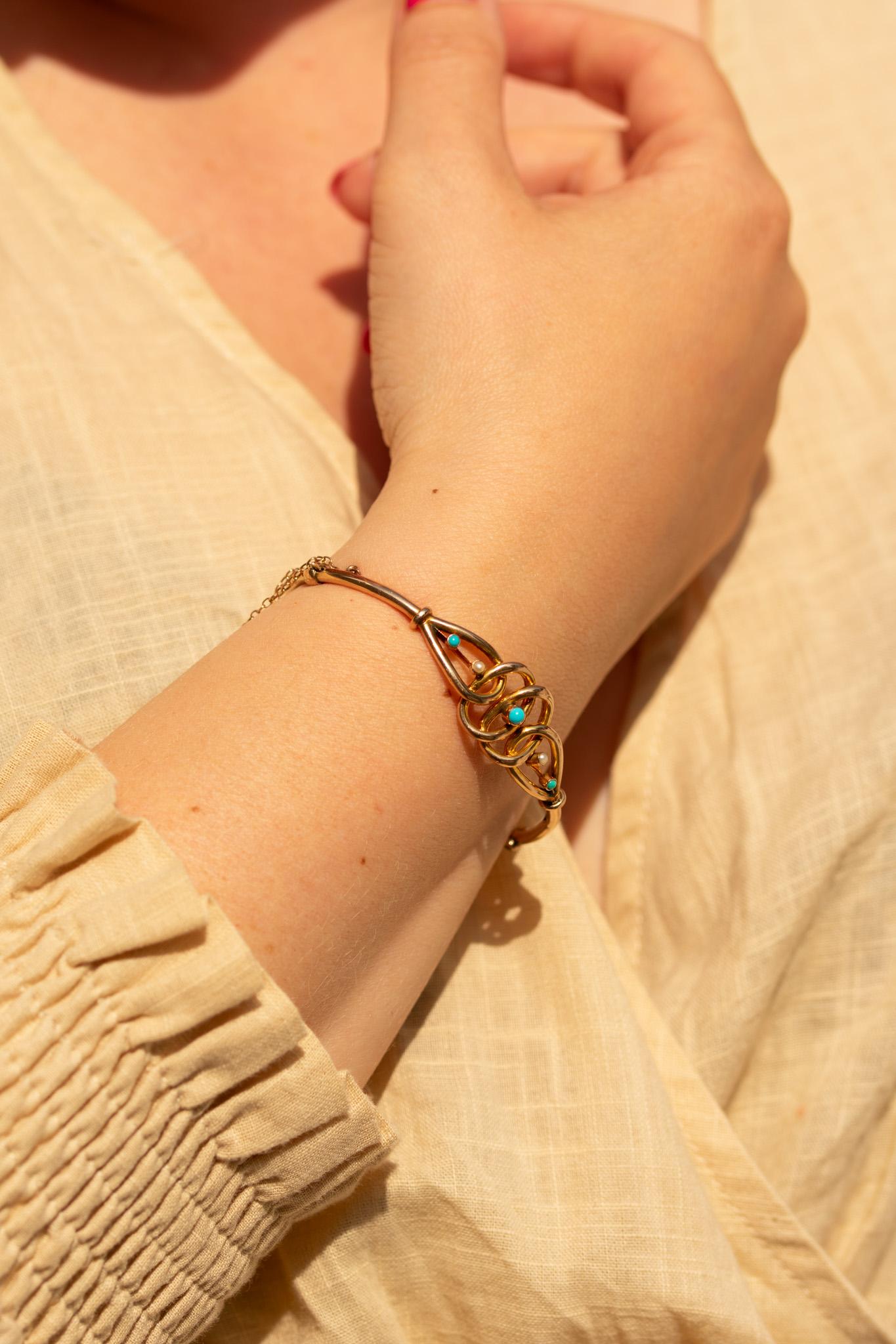 Antique Victorian 9ct Gold Turquoise and Pearl Bangle Bracelet en venta 2