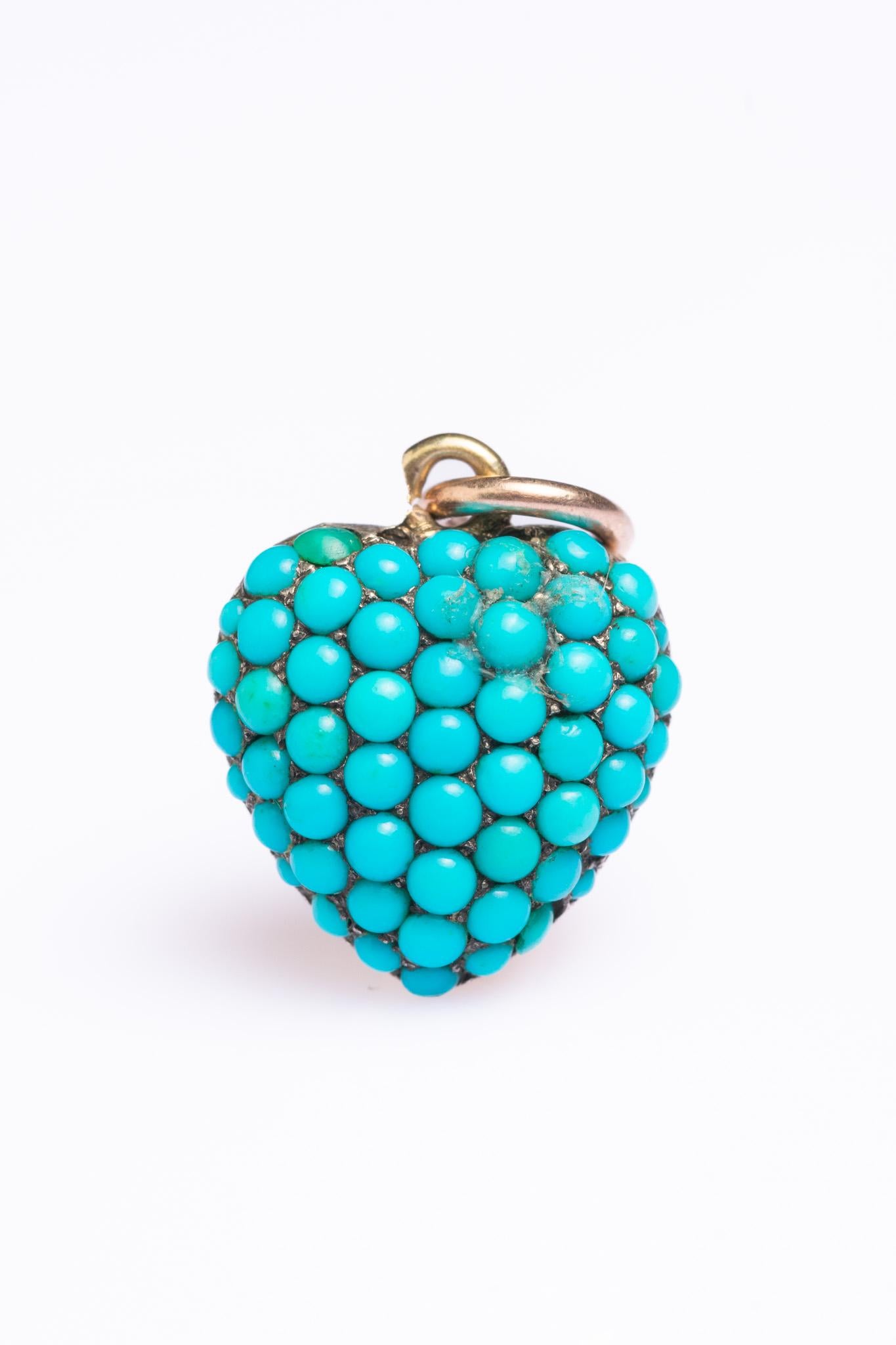 Antique Cushion Cut Antique Victorian 9ct Gold Turquoise Heart Pave Pendant