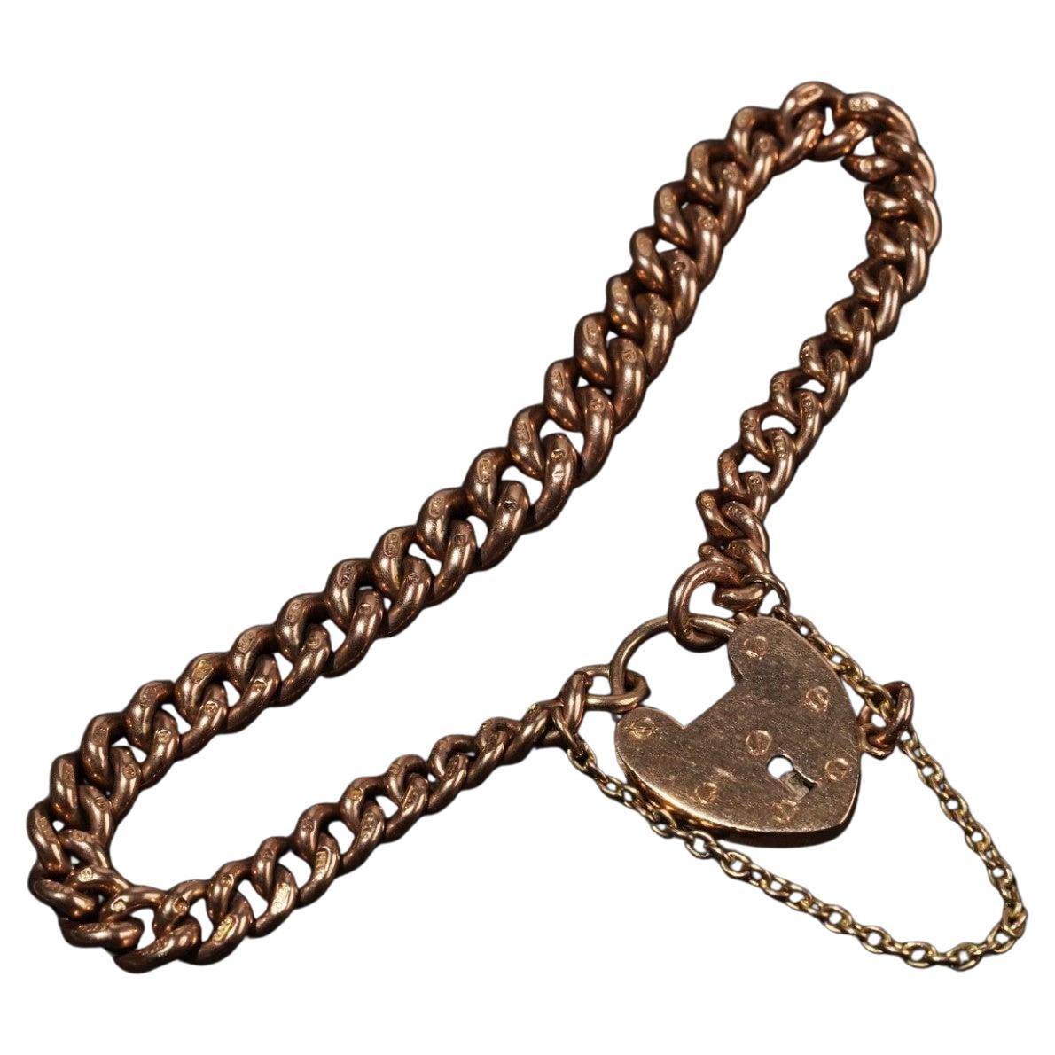 Antique Victorian 9ct Rose Gold Heart Padlock Curb Link Chain Bracelet 20cm Long en vente