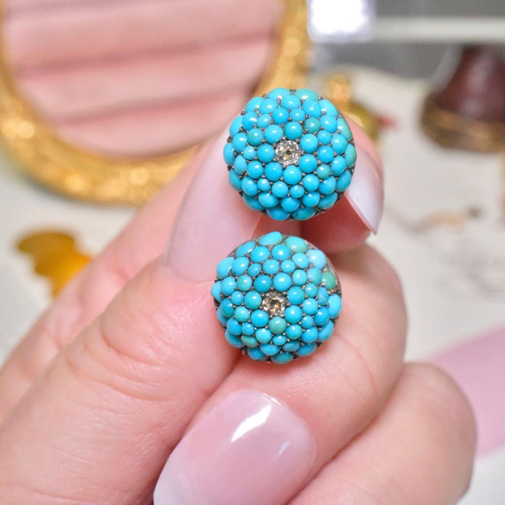 Old Mine Cut Antique Victorian 9ct Rose Gold Persian Turquoise And Diamond ‘Bombe’ Earrings