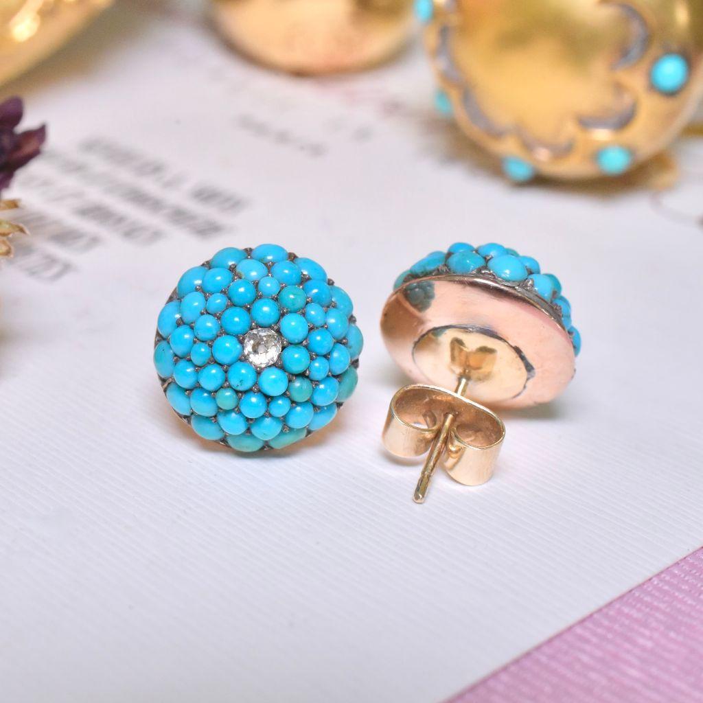 Antique Victorian 9ct Rose Gold Persian Turquoise And Diamond ‘Bombe’ Earrings In Excellent Condition In NEW TOWN, AU