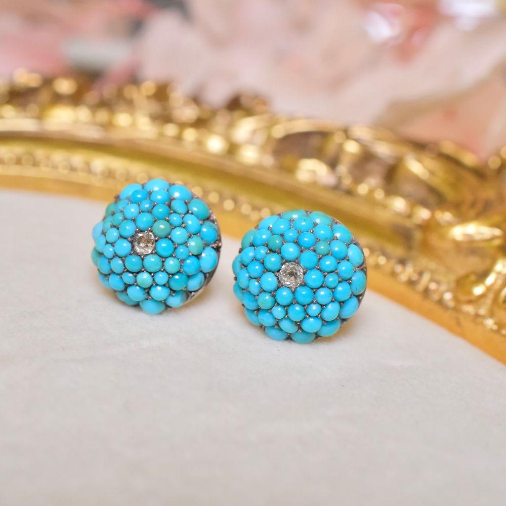 Women's or Men's Antique Victorian 9ct Rose Gold Persian Turquoise And Diamond ‘Bombe’ Earrings