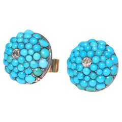 Antique Victorian 9ct Rose Gold Persian Turquoise And Diamond ‘Bombe’ Earrings