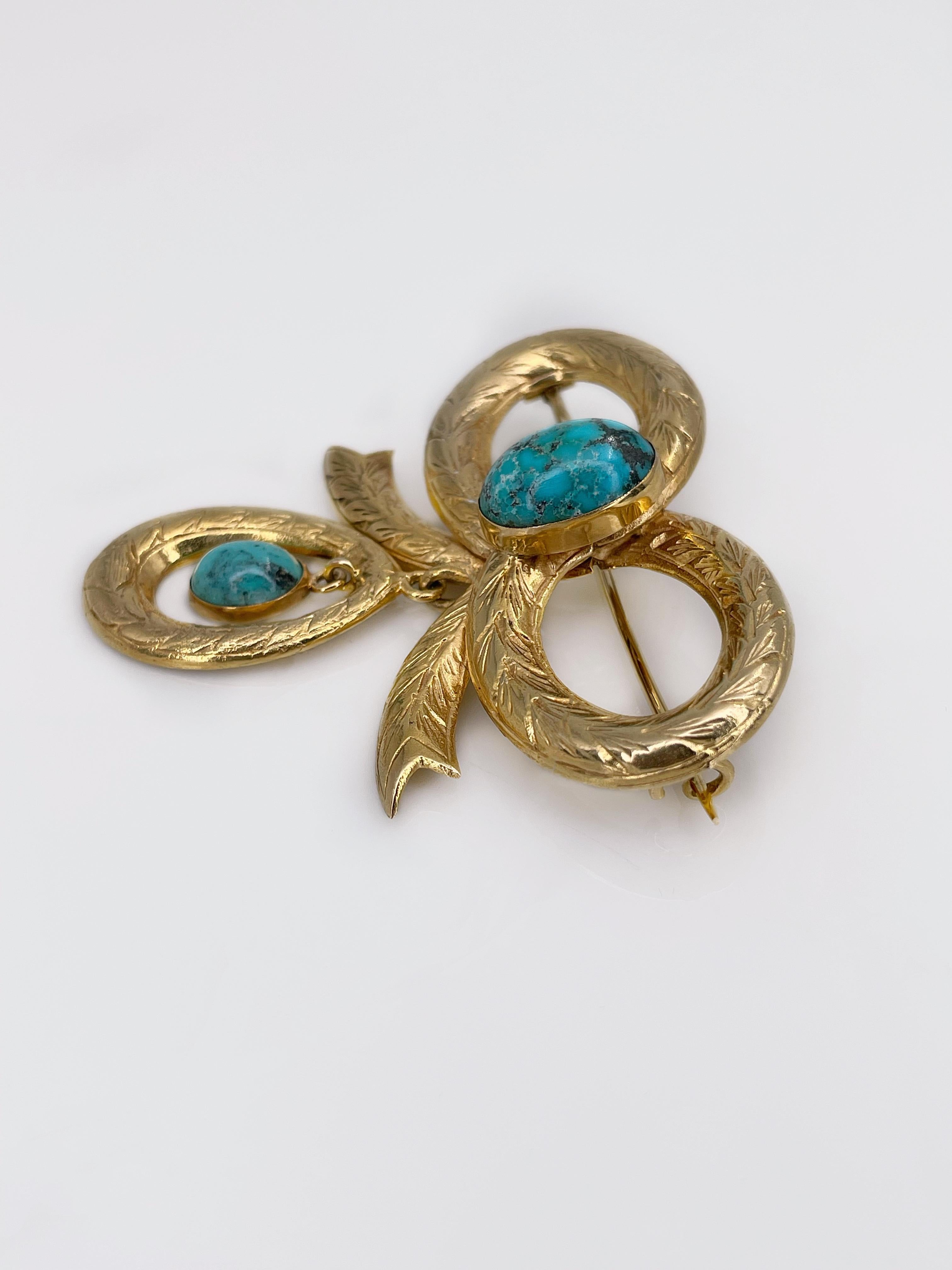 Antique Victorian 9ct Yellow Gold Cabochon Turquoise Bow Brooch In Good Condition In Vilnius, LT