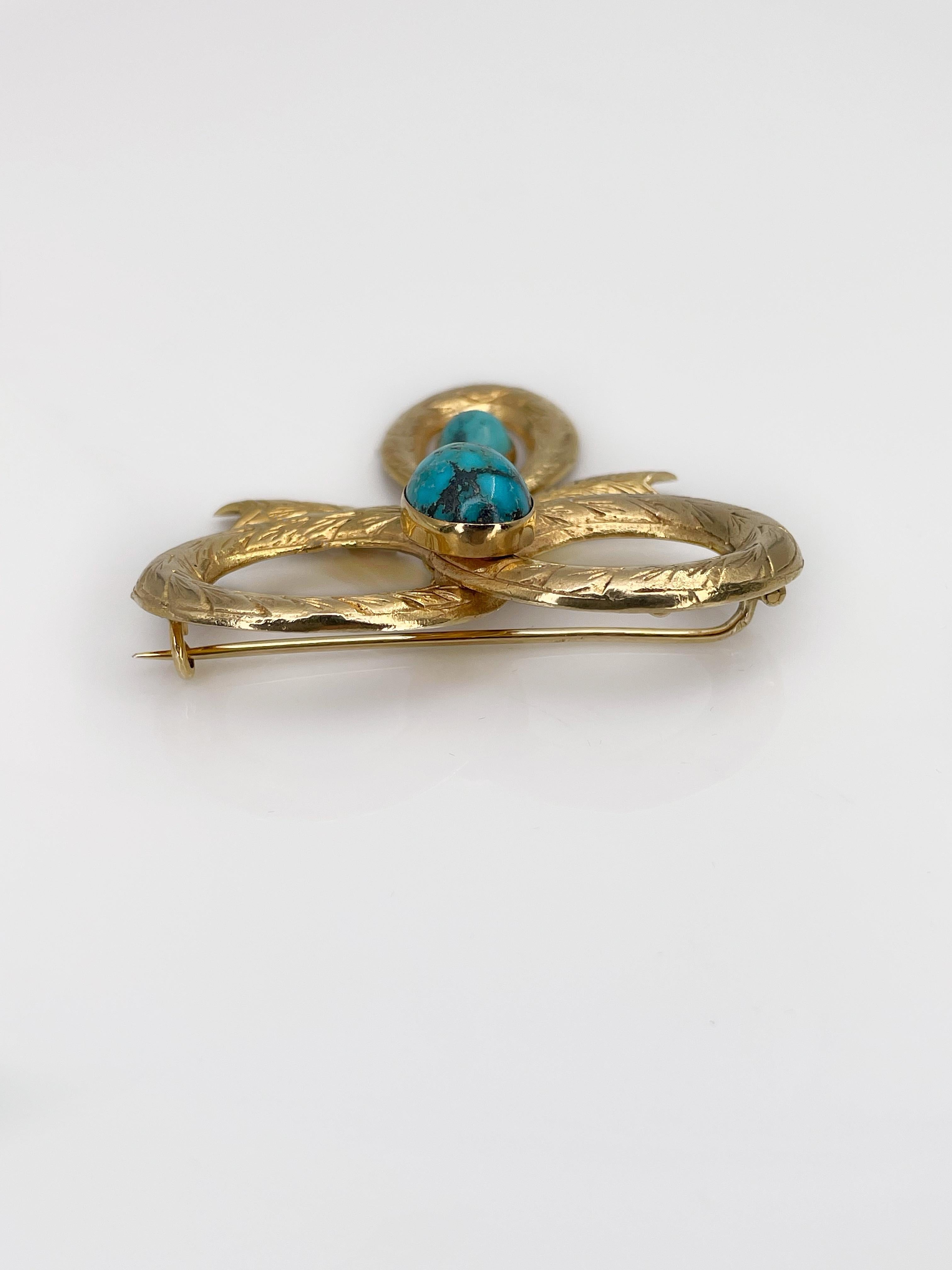 Women's or Men's Antique Victorian 9ct Yellow Gold Cabochon Turquoise Bow Brooch