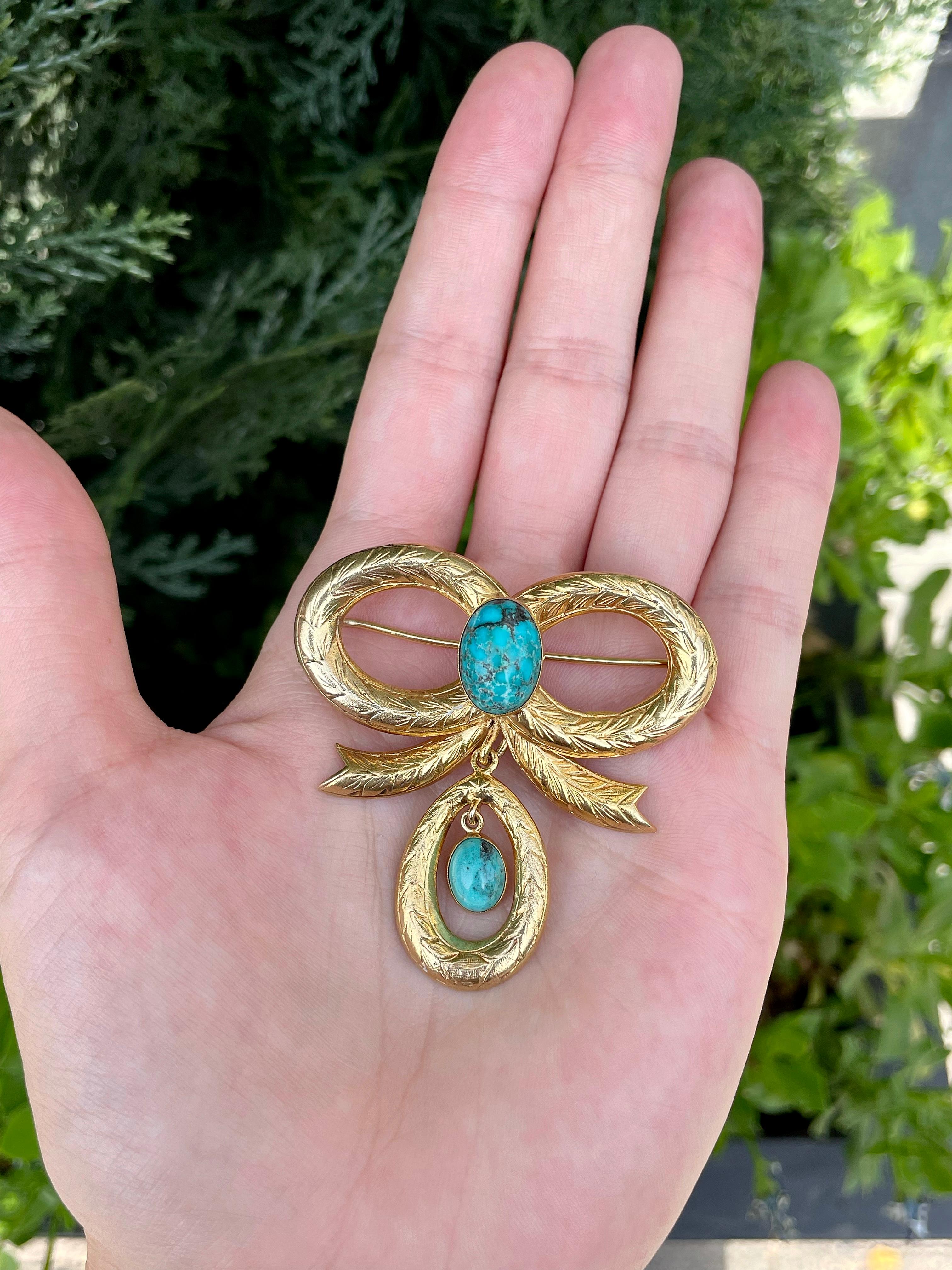 Antique Victorian 9ct Yellow Gold Cabochon Turquoise Bow Brooch 3