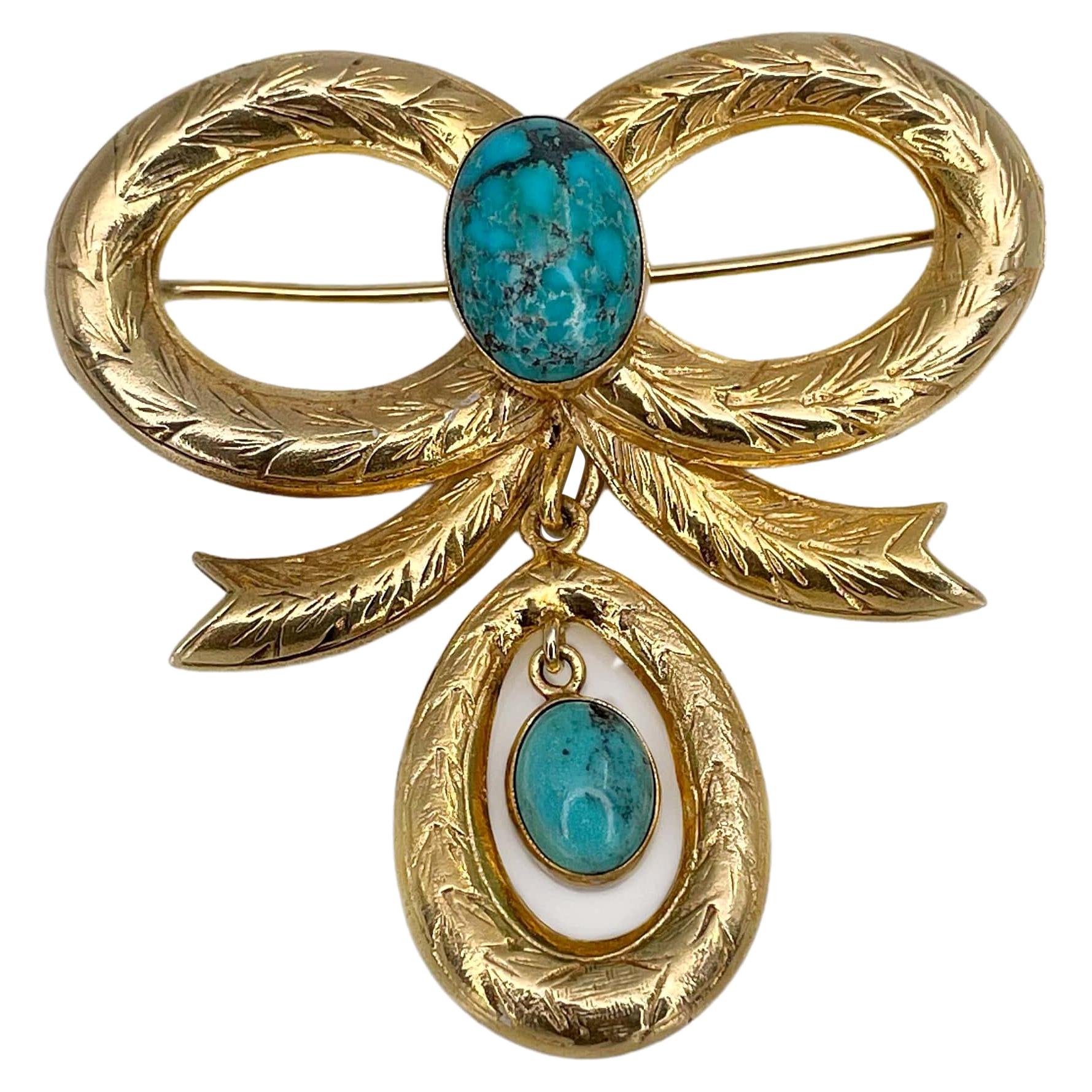 Antique Victorian 9ct Yellow Gold Cabochon Turquoise Bow Brooch