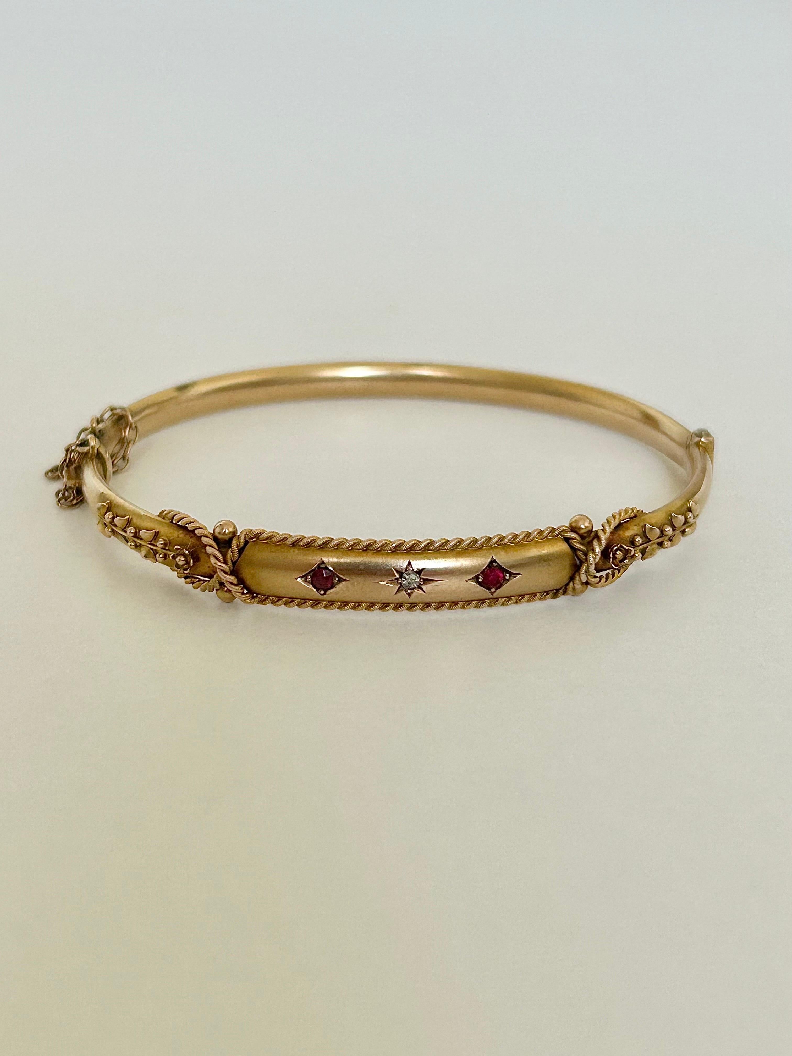 Antique Victorian 9 Carat Yellow Gold Ruby and Diamond Bangle Bracelet in Box In Good Condition For Sale In Chipping Campden, GB