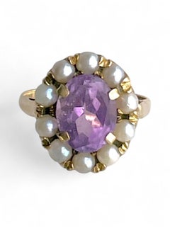 Antiker viktorianischer 9K Gold Amethyst und Saatperlen Cluster Ring, England, ca. 1