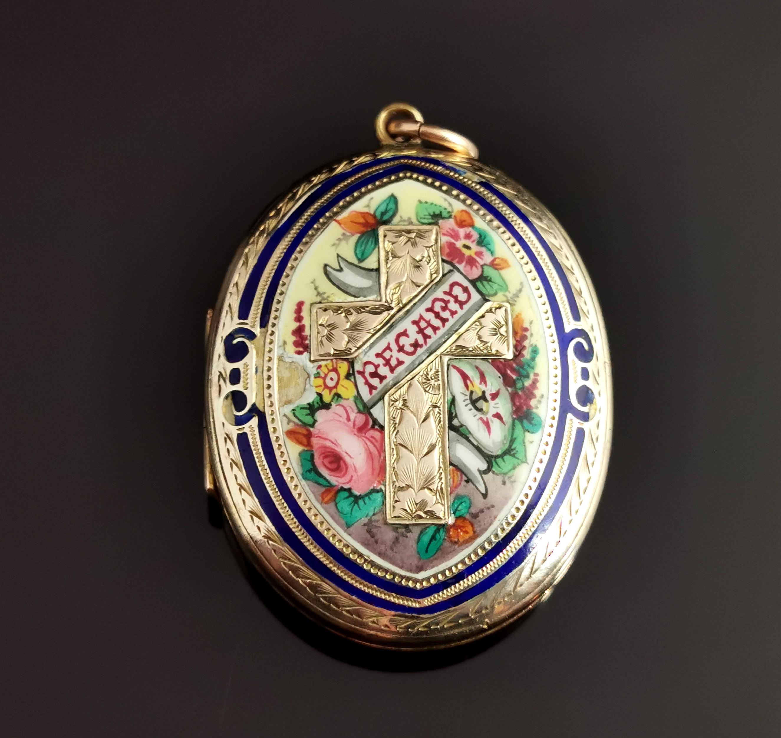A stunning antique Victorian 9kt gold Regard locket.

This is a really very beautiful example of a Regard locket, heavily engraved 9kt gold with a floral engraved design to the reverse and an enamelled design to the front.

The enamelling features