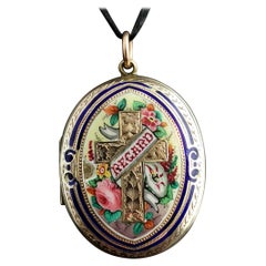 Antique Victorian 9k Gold and Enamel Regard Locket Pendant, Yellow Gold