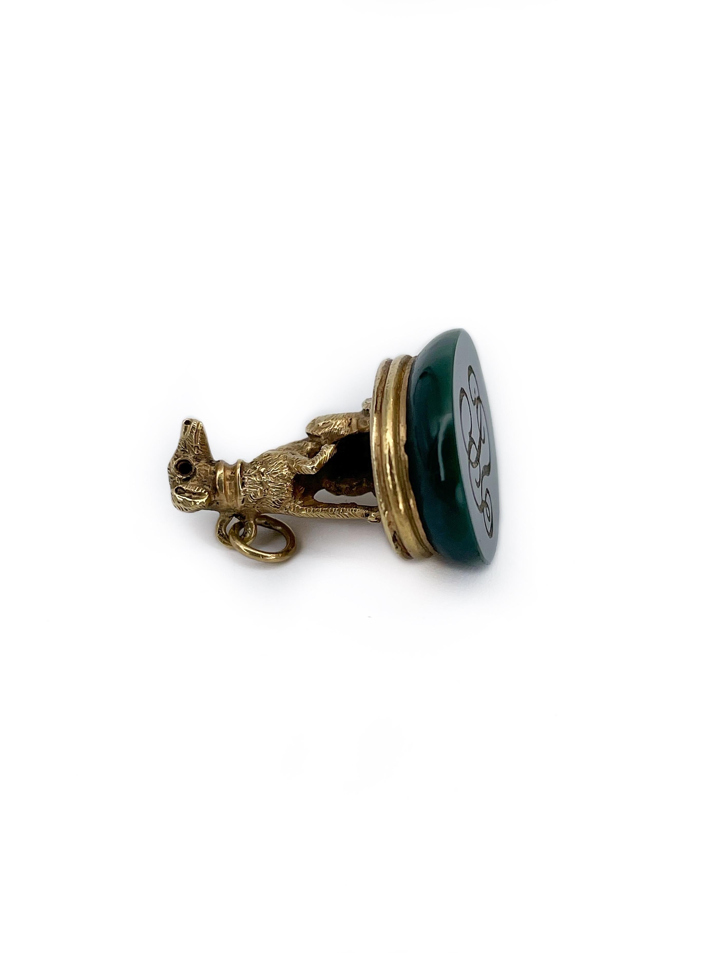 Pendentif ancien victorien en or 14 carats avec figurine de chien en forme de héliotrope et sceau à fermoir 1