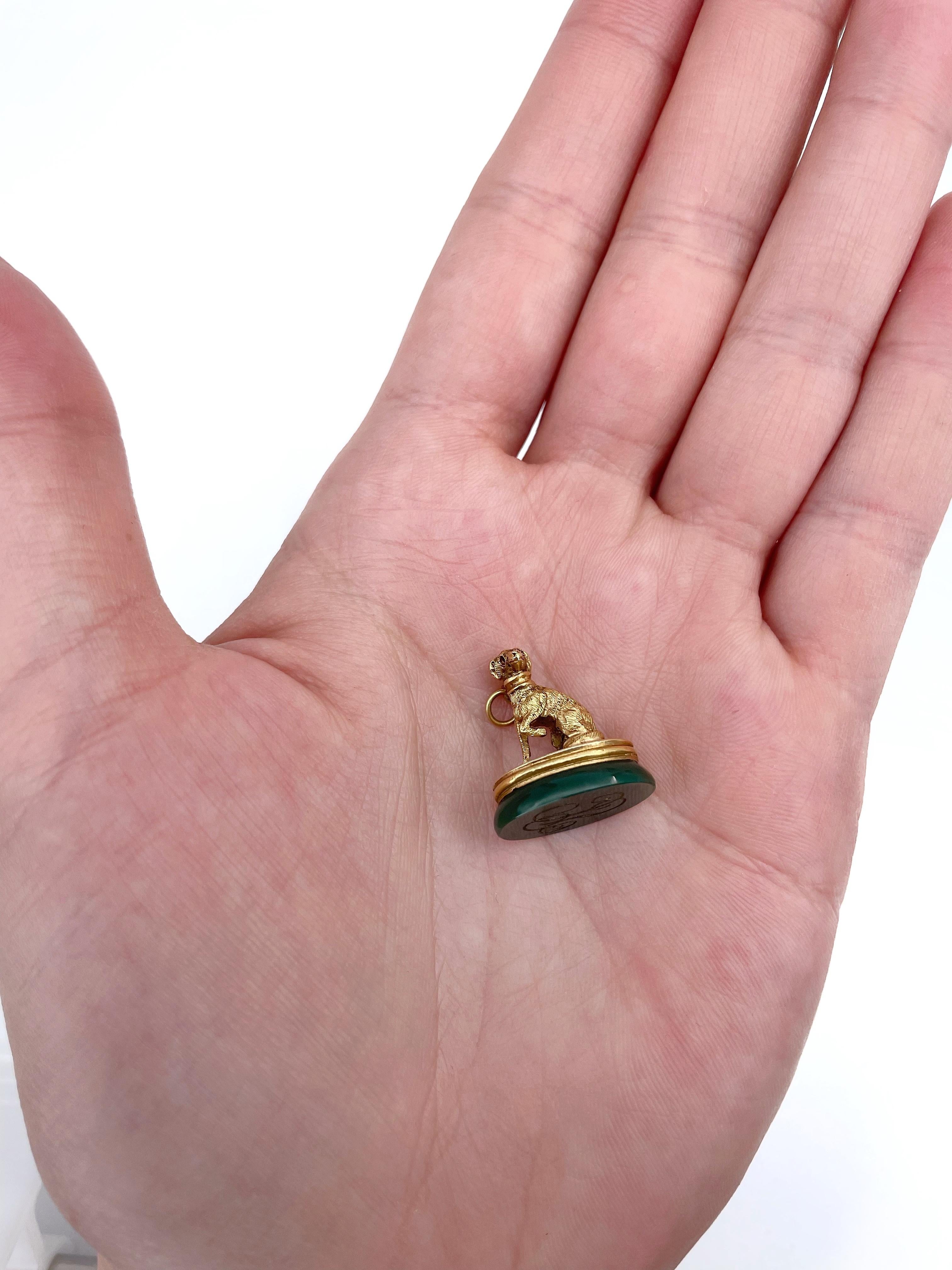 Pendentif ancien victorien en or 14 carats avec figurine de chien en forme de héliotrope et sceau à fermoir 3