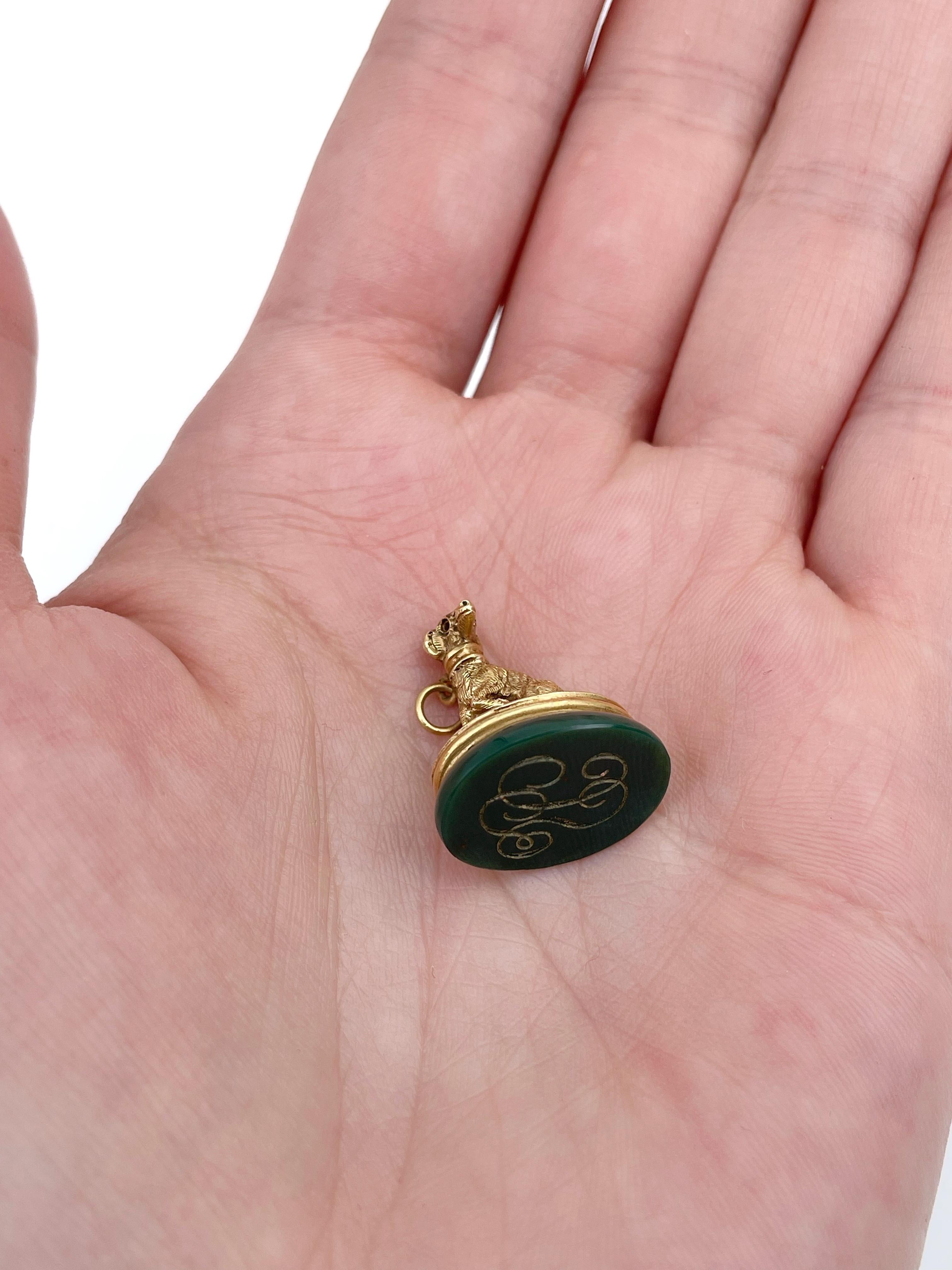 Pendentif ancien victorien en or 14 carats avec figurine de chien en forme de héliotrope et sceau à fermoir 4