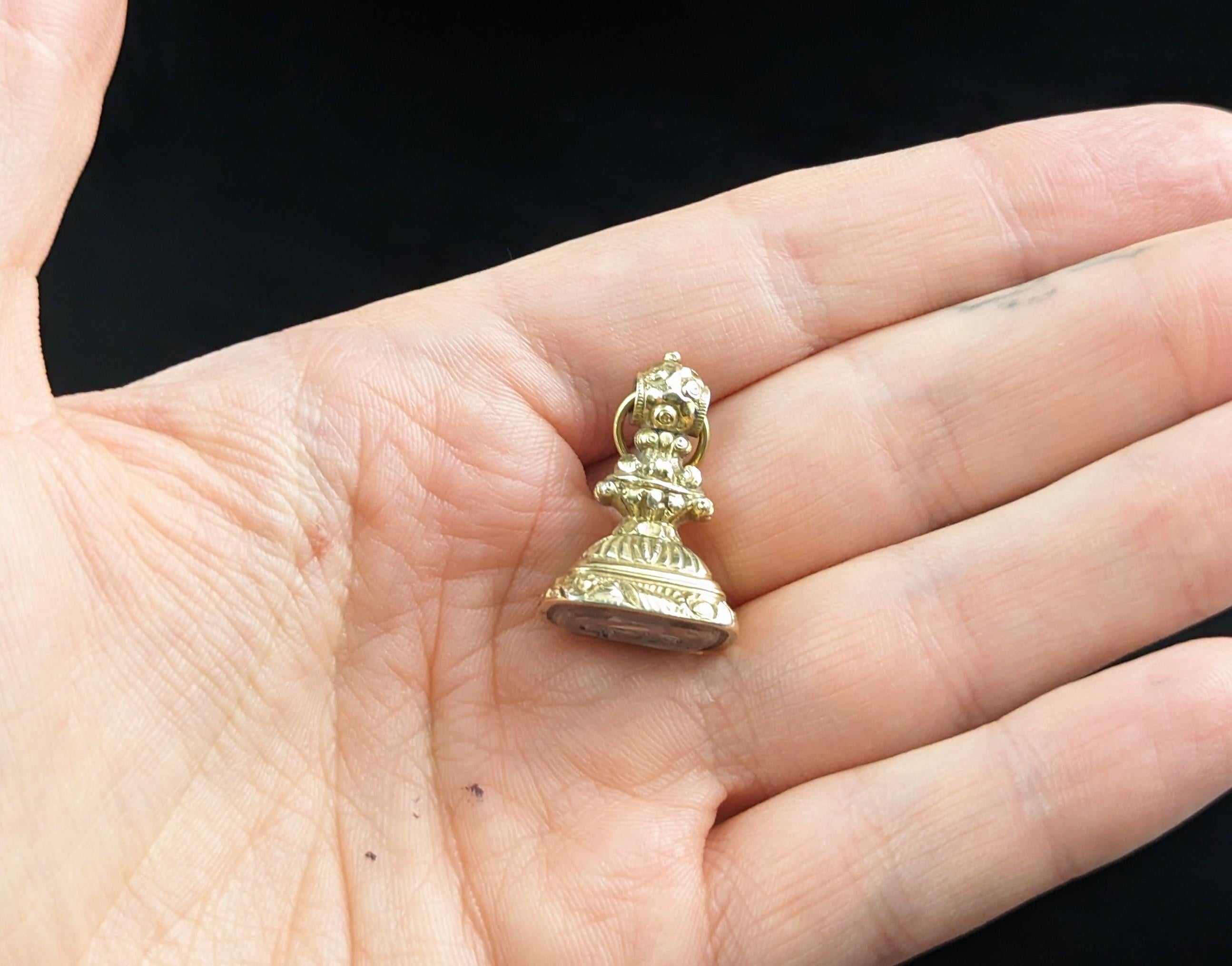 Women's or Men's Antique Victorian 9k gold cased seal fob pendant, Quartz, MP initials 