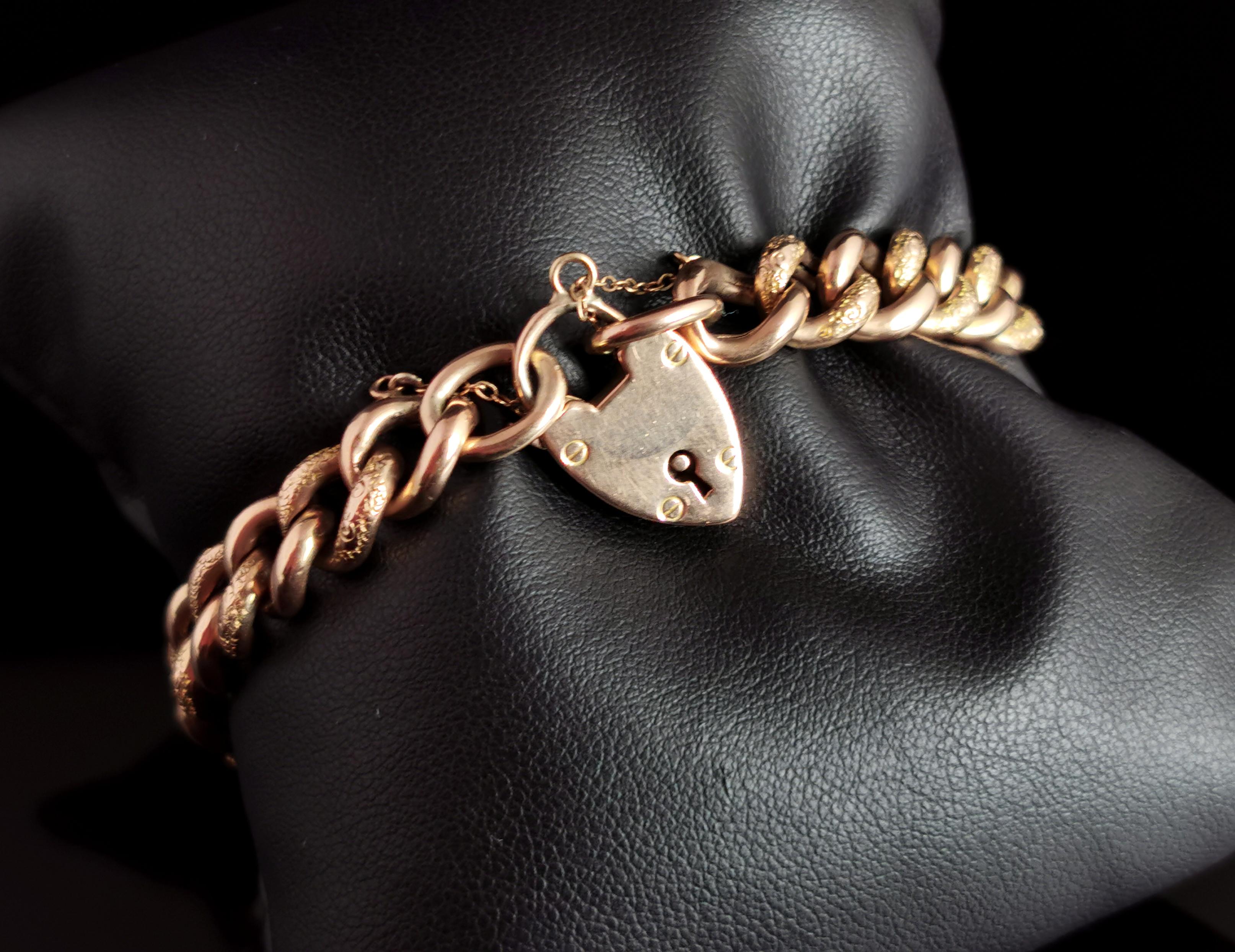 Antique Victorian 9k Gold Curb Bracelet, Day to Night, Heart Padlock  6