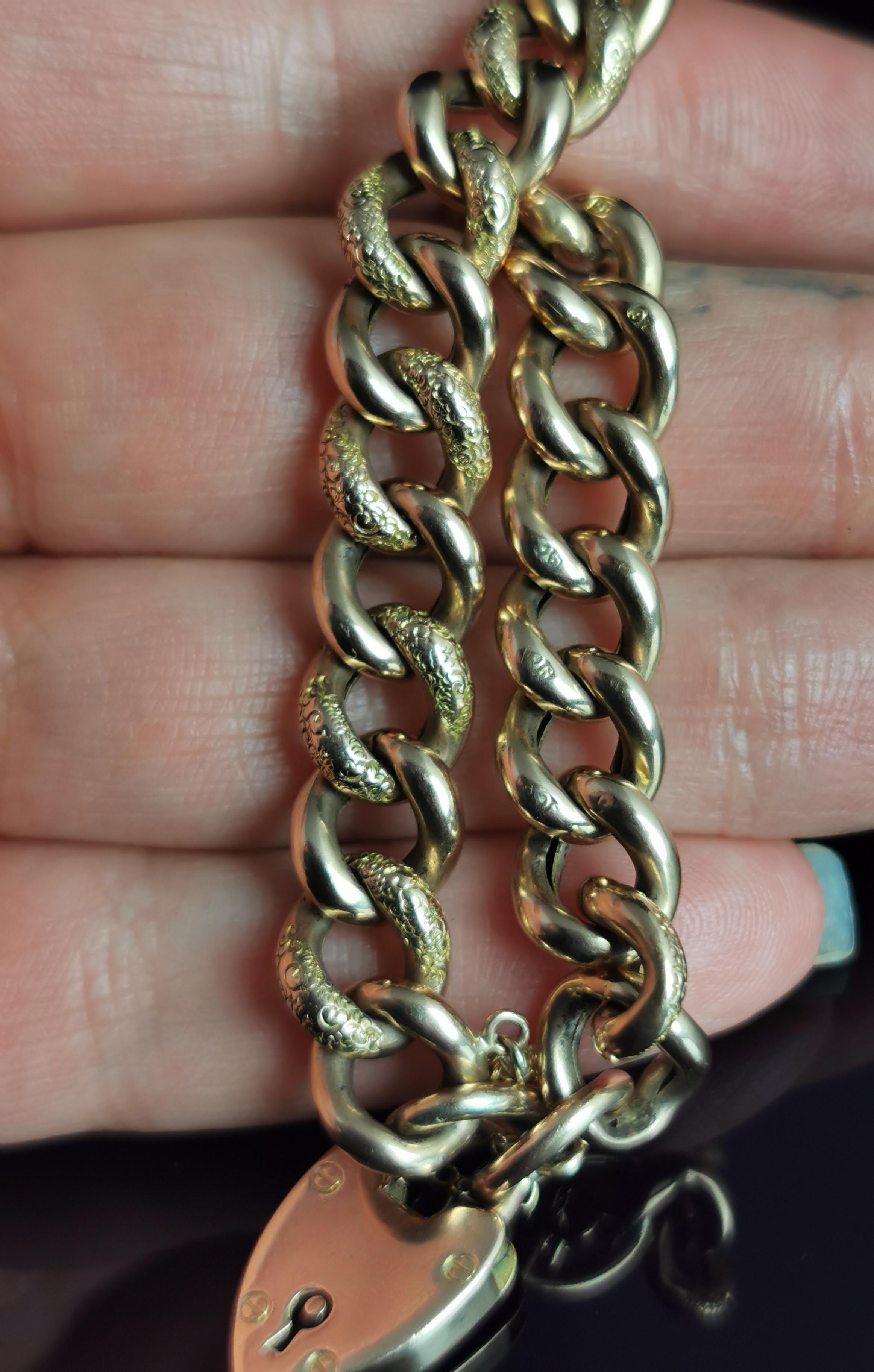 Antique Victorian 9k Gold Curb Bracelet, Day to Night, Heart Padlock 8