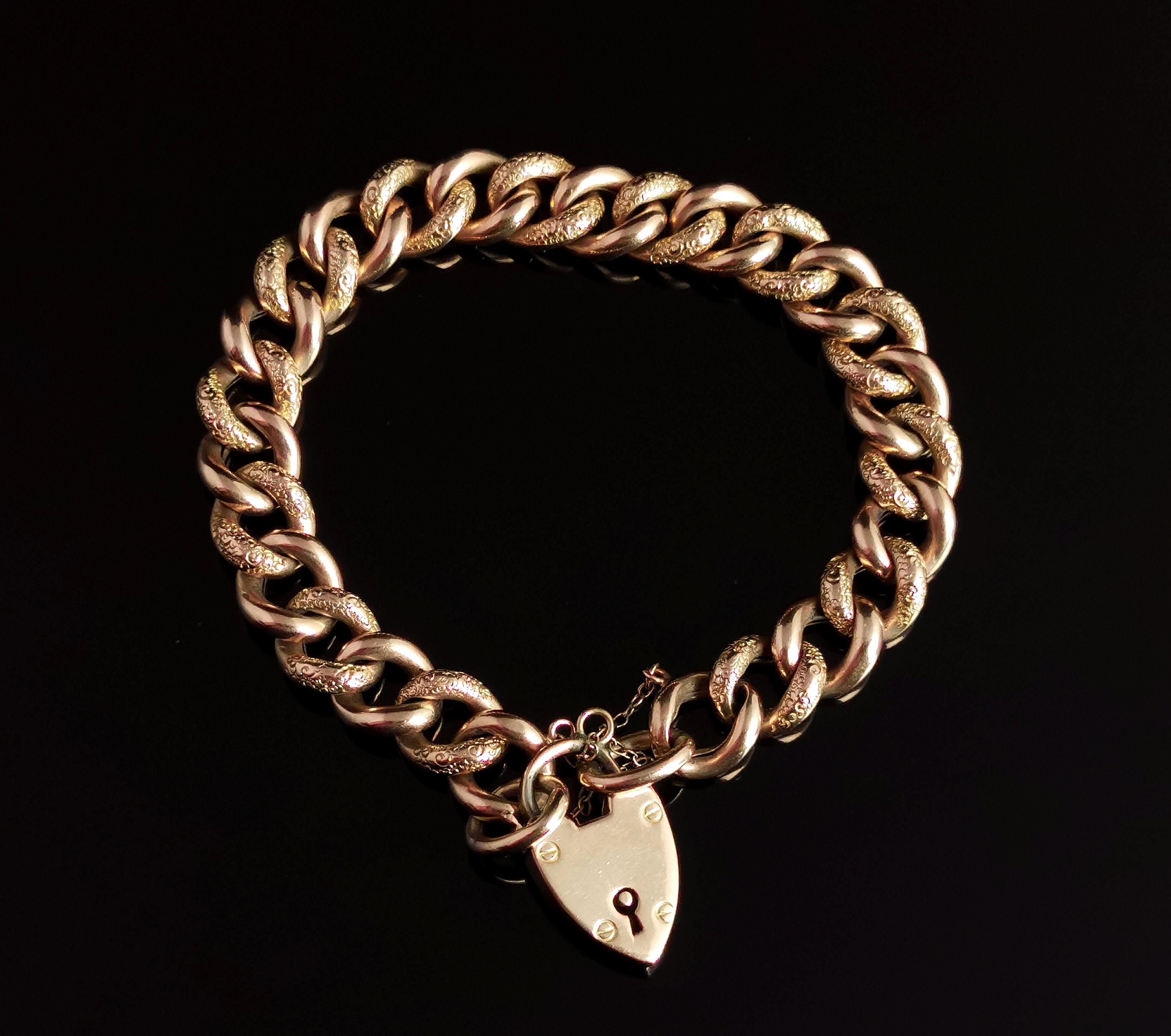 Antique Victorian 9k Gold Curb Bracelet, Day to Night, Heart Padlock 11