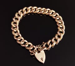 Antique Victorian 9k Gold Curb Bracelet, Day to Night, Heart Padlock