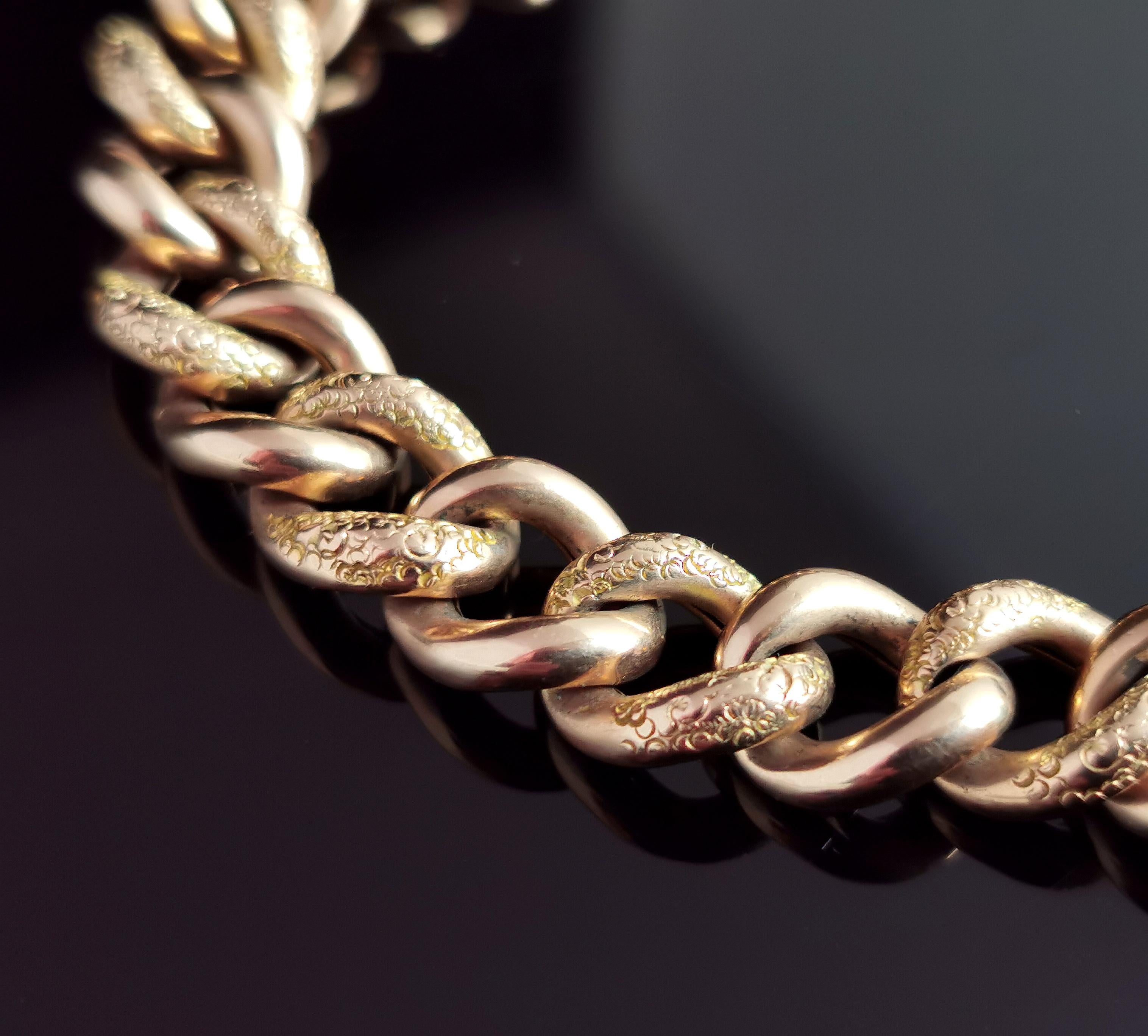 Women's Antique Victorian 9k Gold Curb Bracelet, Day to Night, Heart Padlock 