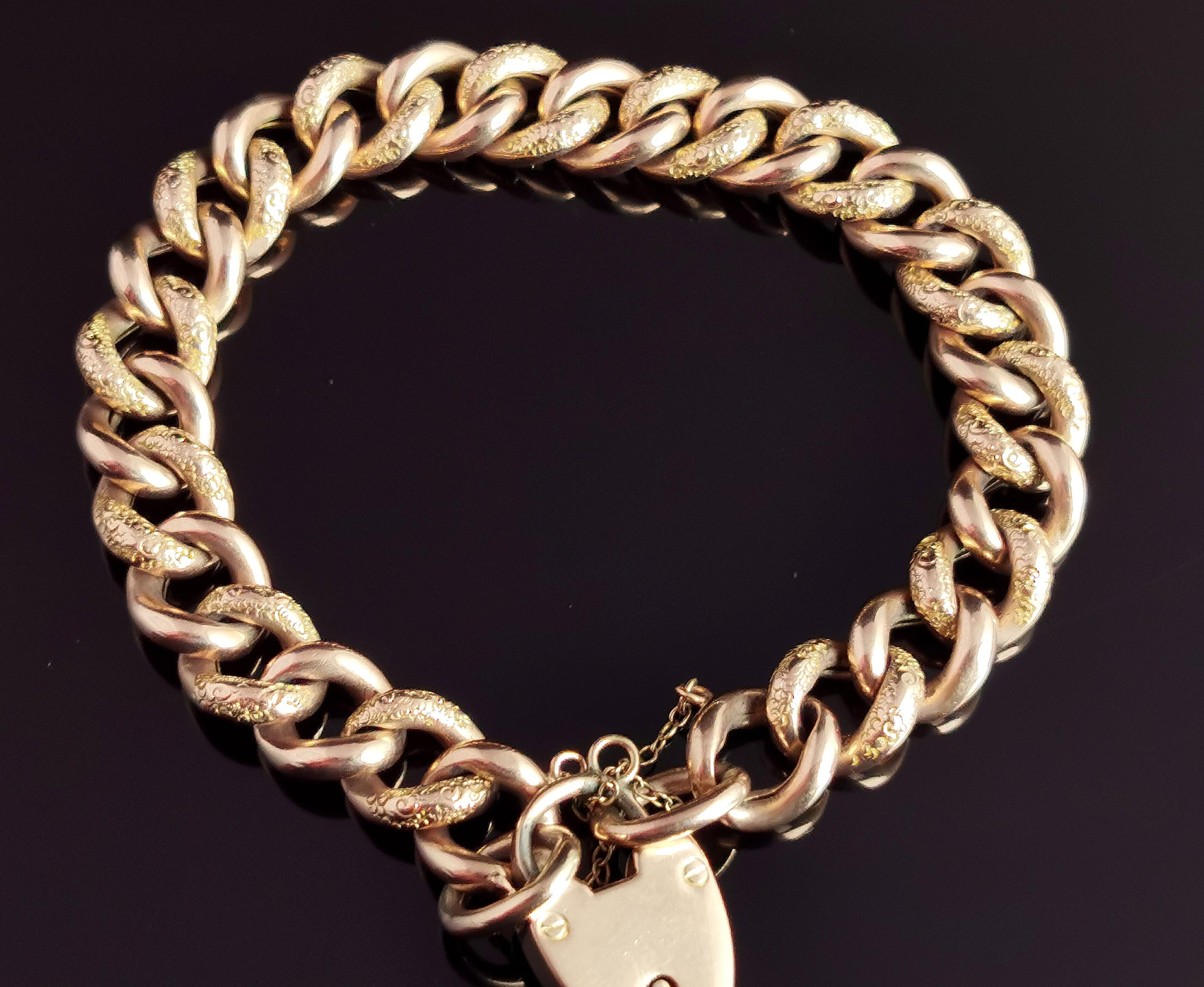 Antique Victorian 9k Gold Curb Bracelet, Day to Night, Heart Padlock  1