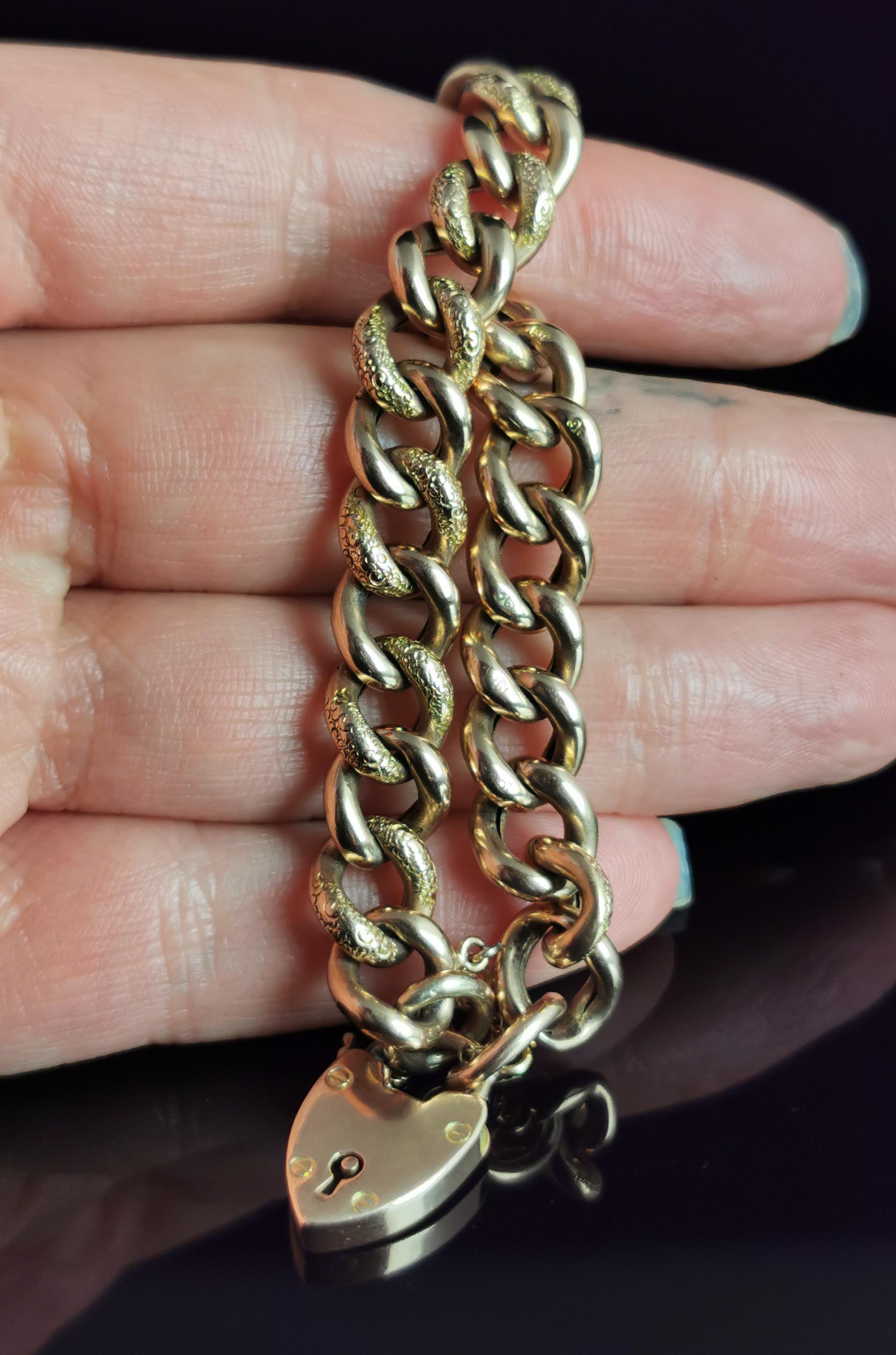 Antique Victorian 9k Gold Curb Bracelet, Day to Night, Heart Padlock 2