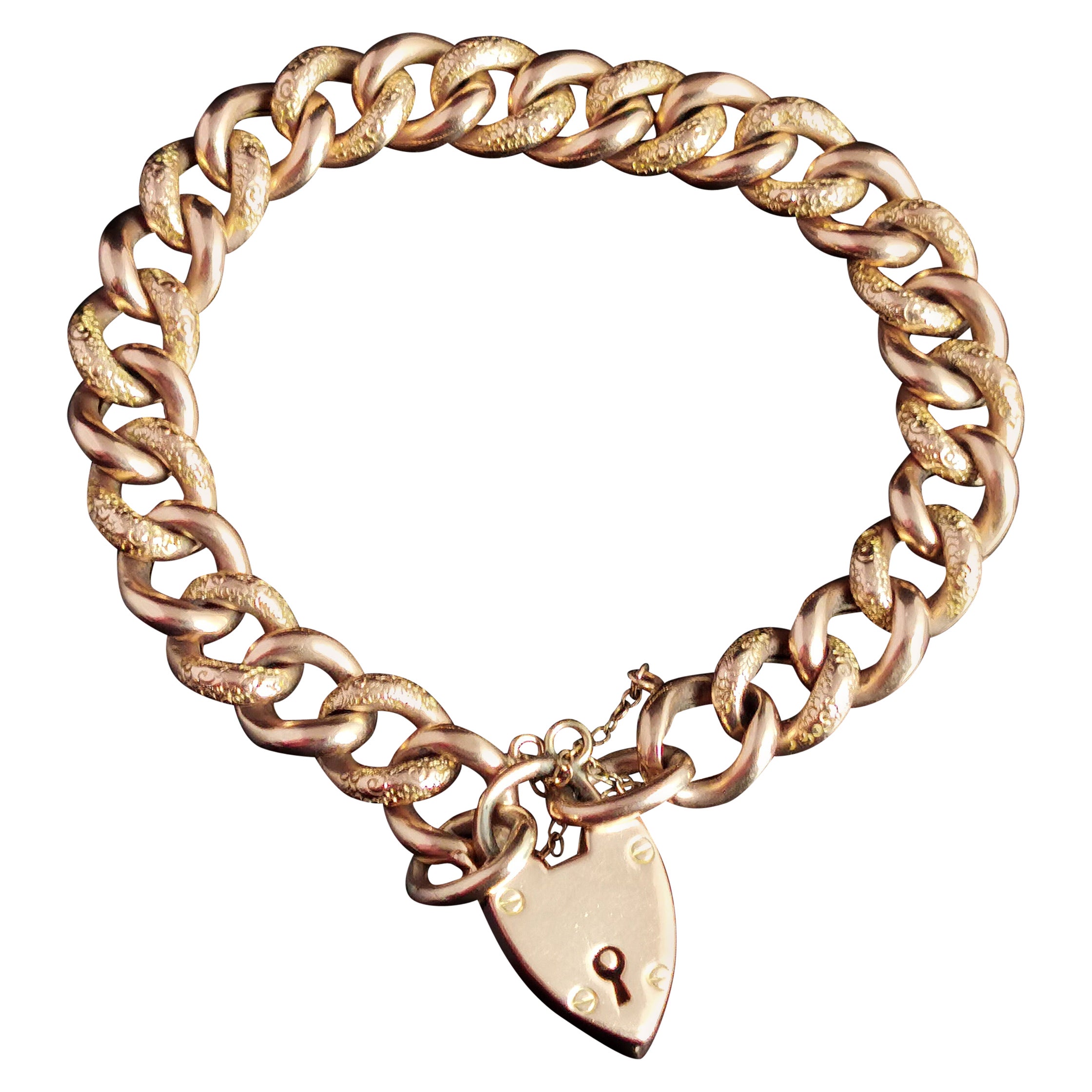 Antique Victorian 9k Gold Curb Bracelet, Day to Night, Heart Padlock