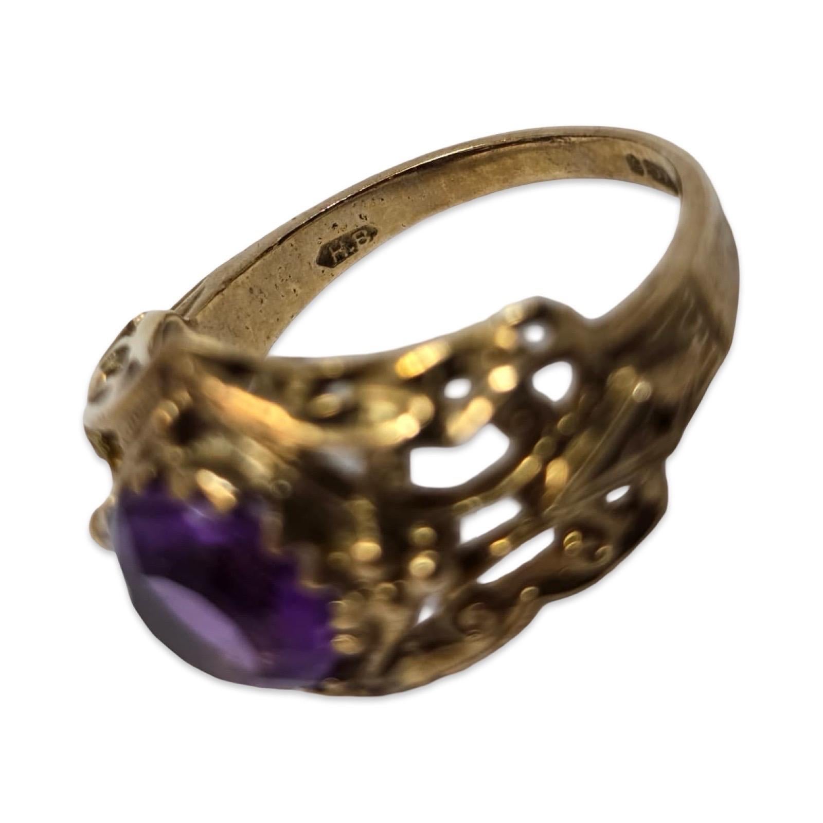Antico anello vittoriano in filigrana d'oro 9K con ametista (con marchio) in vendita 6